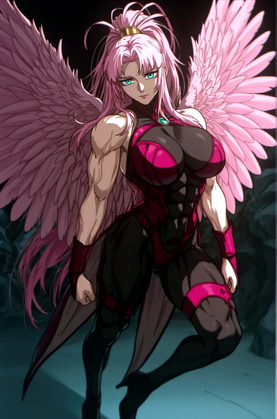 Mermaid with erect massive penis, angel wings, long braided pink hair and extreme muscular body.
