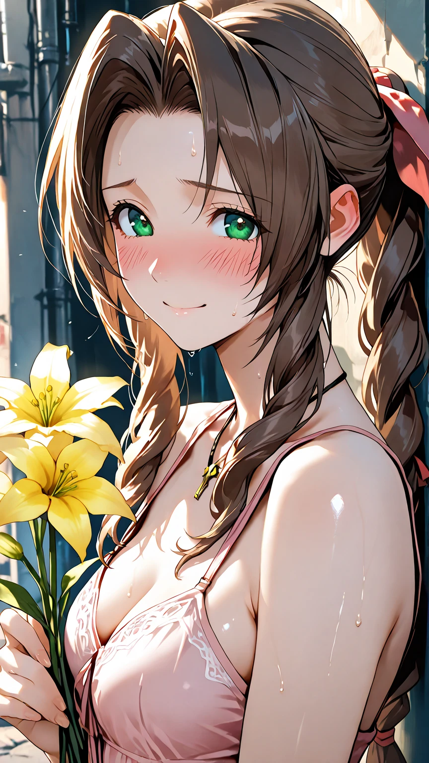 ((masterpiece, Highest quality, High resolution, 超High resolution, Pixel perfect, Depth of written boundary, 4K, RTTX 10.0, High resolution))), One girl, single, alone, Beautiful Anime Girls, Beautiful art style, Anime characters, ((Long Hair, bangs, Brown Hair)), ((Green Eyes:1.4, Round eyes, Beautiful eyelashes, Realistic eyes)), ((Detailed face, Blushing:1.2)), ((Smooth texture:0.75, Realistic texture:0.65, Realistic:1.1, Anime CG Style)), Medium chest, Dynamic Angle, Perfect body, ((Portraiture, throw)), ((Completely naked、With pubic hair, hair accessory、bracelet)), smile, ((Hands touching cheeks)), amusement park