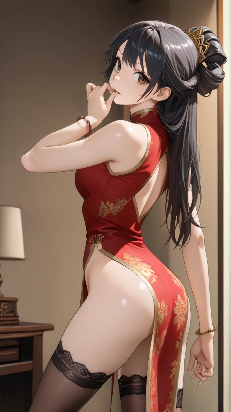 a sexy woman, (best quality), (masterpiece), (1girl), slim, anime, (flat chested), (chinese dress), (standing), (protrait), (naked legs)