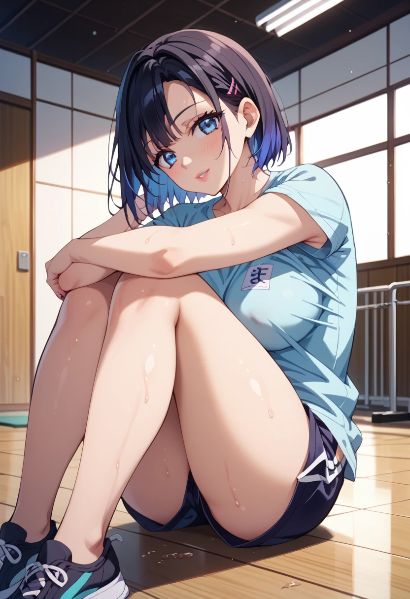 beautiful illustrations, highest quality, pretty girl,beautiful skin,{{From Below}},high school girl,BREAK,{{gymnastics}},{{{high quality panties}}},happy,BREAK,{black hair}},{{beautiful eye1:4}},{{look far away}},17 years old,beautiful medium and large breasts 1:4,high school girl