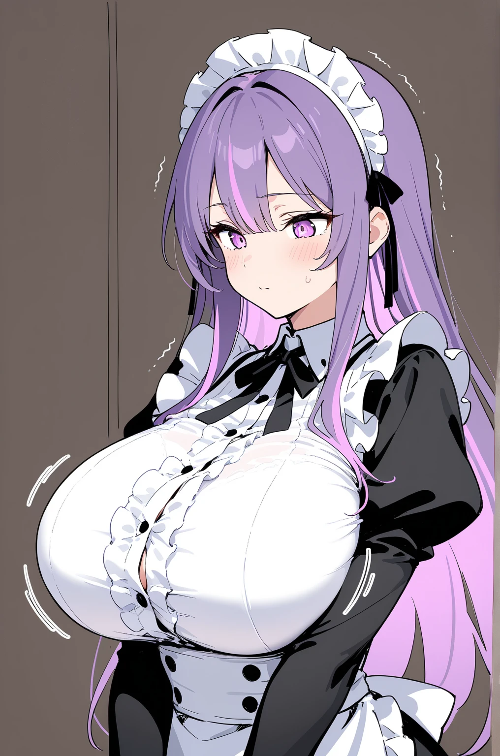 最high quality, high quality, 16K, Ultra-detailed details, pretty girl, alone, beautiful purple hair, Beautiful purple eyes, Big Breasts, A light smile, Summer clothes, Summer Maid clothes, I'm lifting my skirt, Blue and white color striped underwear(Bikini swimsuit under skirt), My crotch is wet with love juice, {{A succubus who steals the face skin and maid uniform from the girl she likes and plays pranks on her、好きな女の子のフリをしながらメイド服を着てます}}, Full body image, NSFW