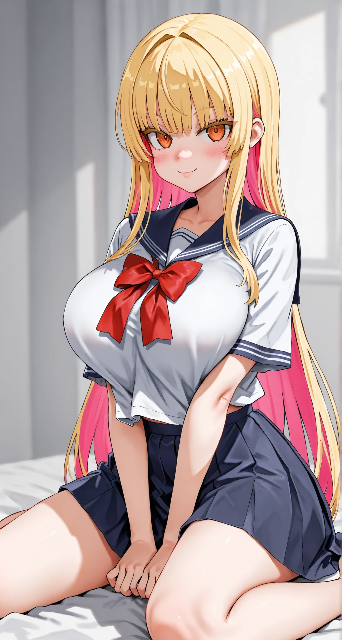High quality, masterpiece, ultra-detailed, 1girl, white and pink sexy school uniform, very short skirt, cropped shirt, bra and panties visible, solo, peaceful expression, long blonde hair, enchanting blue eyes, fox ears, ridiculously large breasts, shiny skin, underboob, back view