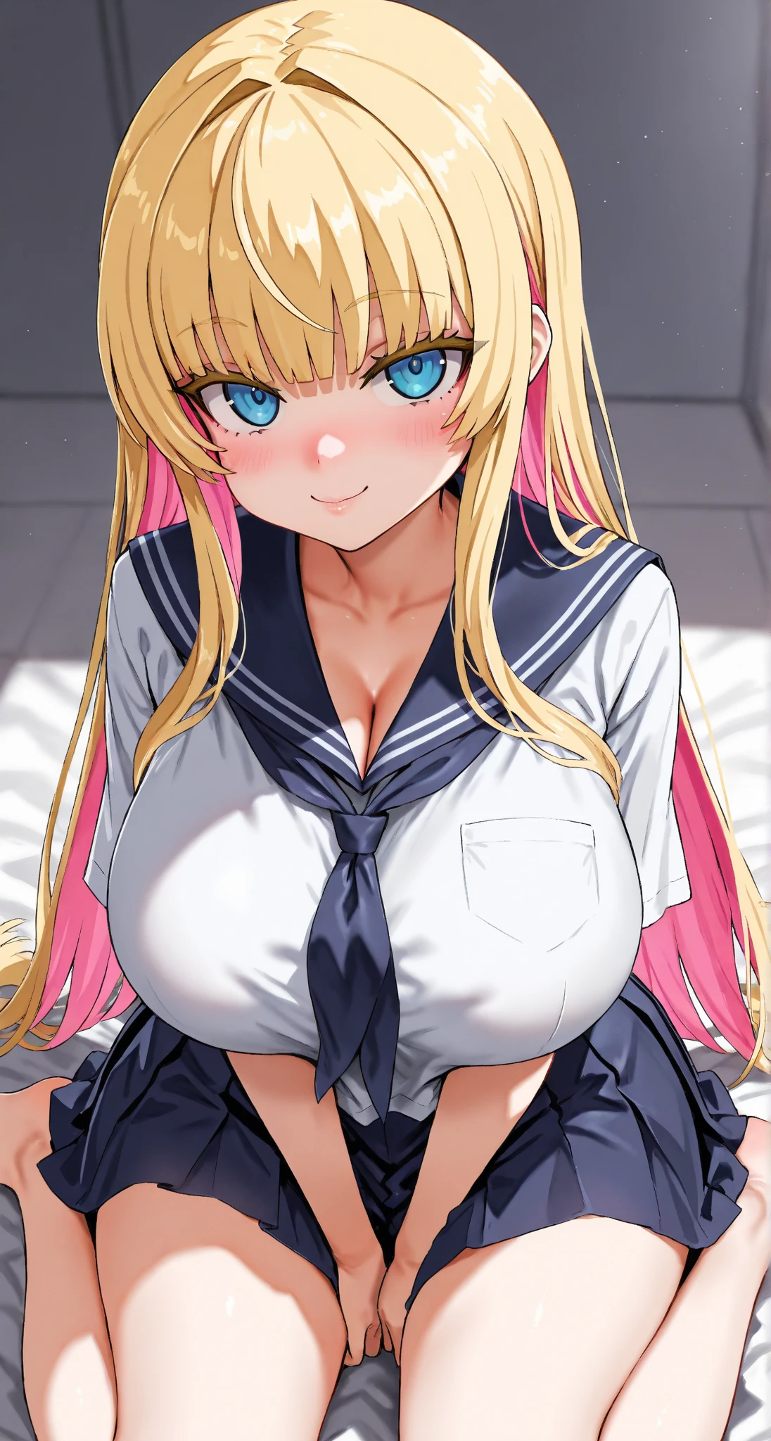 1 girl, blonde hair with two ponytails, ((big breasts(1:2))), ((Slim sweatshirt) , (short waffle skirt) , big hips, (((breast falls out))), ((not good)), nipples stick out on chest, Pointy nipples, Plump lips, no panties, Skirt Up, legs spread, A girl sits on a rubber penis, rubber dick inside a girl