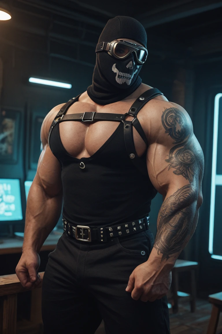 It generates a young man, very handsome and with perfect features, he has scars on his body, piercings in his ears, shoulder button and breasts, he has a black balaclava on his head that covers his entire face except his eyes and mouth, and very thick chains. on his silver neck, some chains on his hands and a, he is shirtless, his body is very hairy, he has tattoos on parts of his body, he is muscular and very sweaty, his hands are held with handcuffs, he has jeans gray ones that are too big for him, and his boxers stick out a little, and he is in the background in a prison, with metal bars in front of him