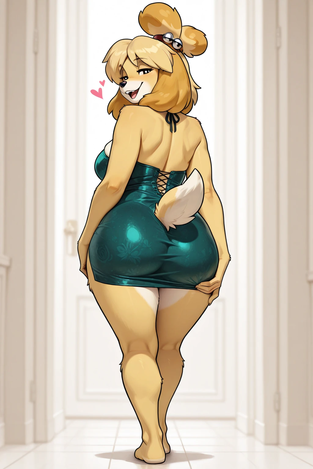 score_9, score_8_up, score_7_up, score_6_up, score_5_up, score_4_up, (diane foxington), (behind view), (ass focus), (whisperfoot style), anthro furry, fox ears, ear piercings, orange fur, dark green eyes, long fluffy tail, orange tail, very large breasts, deep cleavage, strapless, (sexy sideless blue dress), high heels, bare hands, sexy curves, big head, (solo), standing, bending over, (lifting dress), (no panties), (detailed vagina), (cum in pussy), leaning on bed, seductive pose, looking at viewer, seductive stare, (background: bedroom)