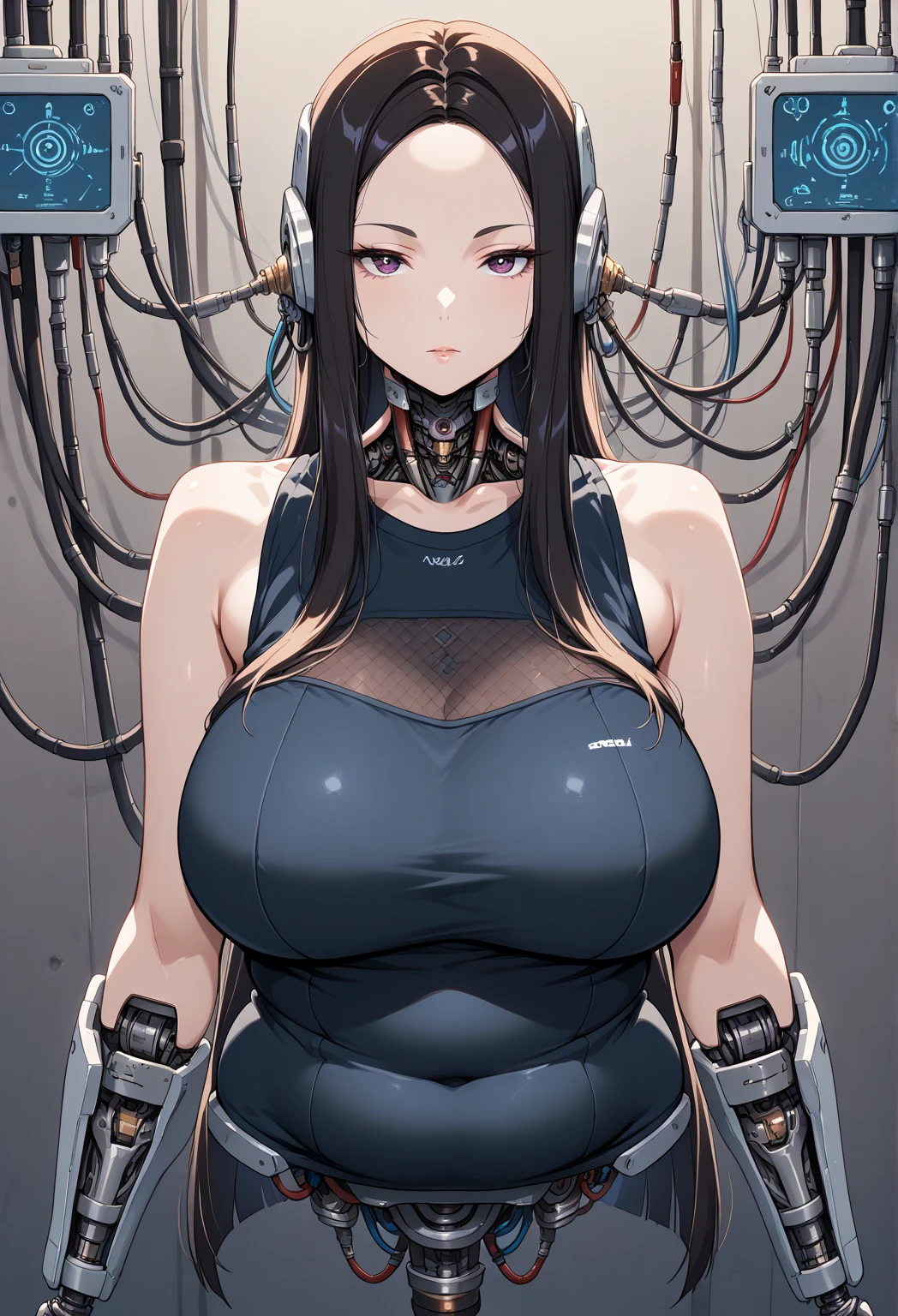 (((masterpiece))), (((Highest quality))), ((Very detailedな)), (Detailed CG illustrations), ((Very delicate and beautiful)),Cinematic Light,((One Mechanical Woman)), alone,mature,(Big and ample breasts),(Plump), (((The crotch is open))),((Thighs)),((Sitting)),whole body, (Machine made joints:1.4),((Mechanically cut muscle blood vessels connected to tubes),((Mechanical cervical spine attached to the neck)),(Wires and cables connected to the head and torso:1.5),short hair,(Character Focus),sf, ,((Very detailed,colorful)),Best details, ((background: basement))