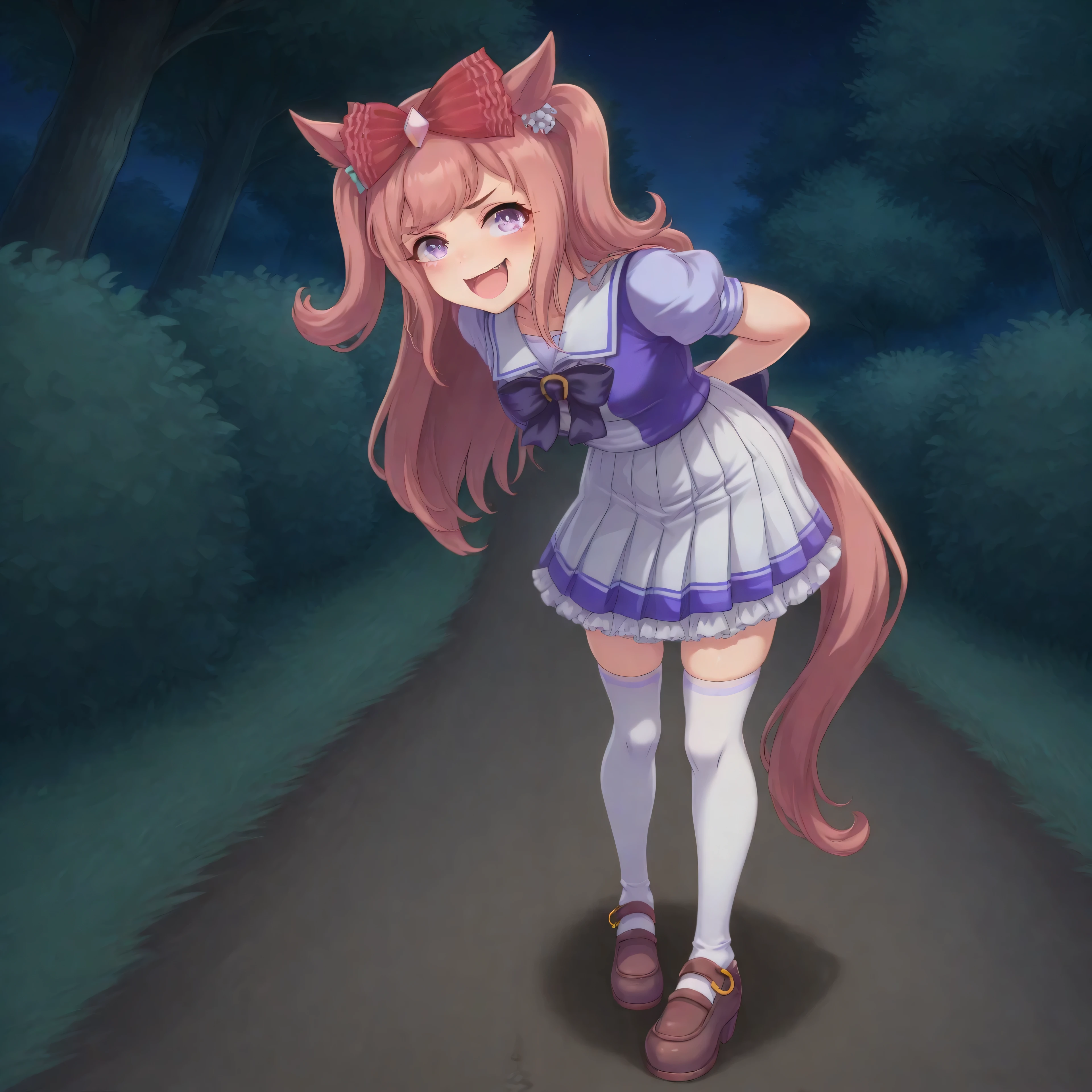 anime, lazypos, masterpiece, best quality, amazing quality, by dirt path, next to dormitories, night, night time, 1girl, solo, alone, agnes digital, horse girl, horse ears, horse tail, hair bow, red bow, TracenShort, tracen school uniform, purple sailor shirt, white pleated skirt, white thighhighs, brown loafers, purple bow, puffy short sleeves, hunched over, hiding behind bush, spying on viewer, excited, comical expression, kaogei,