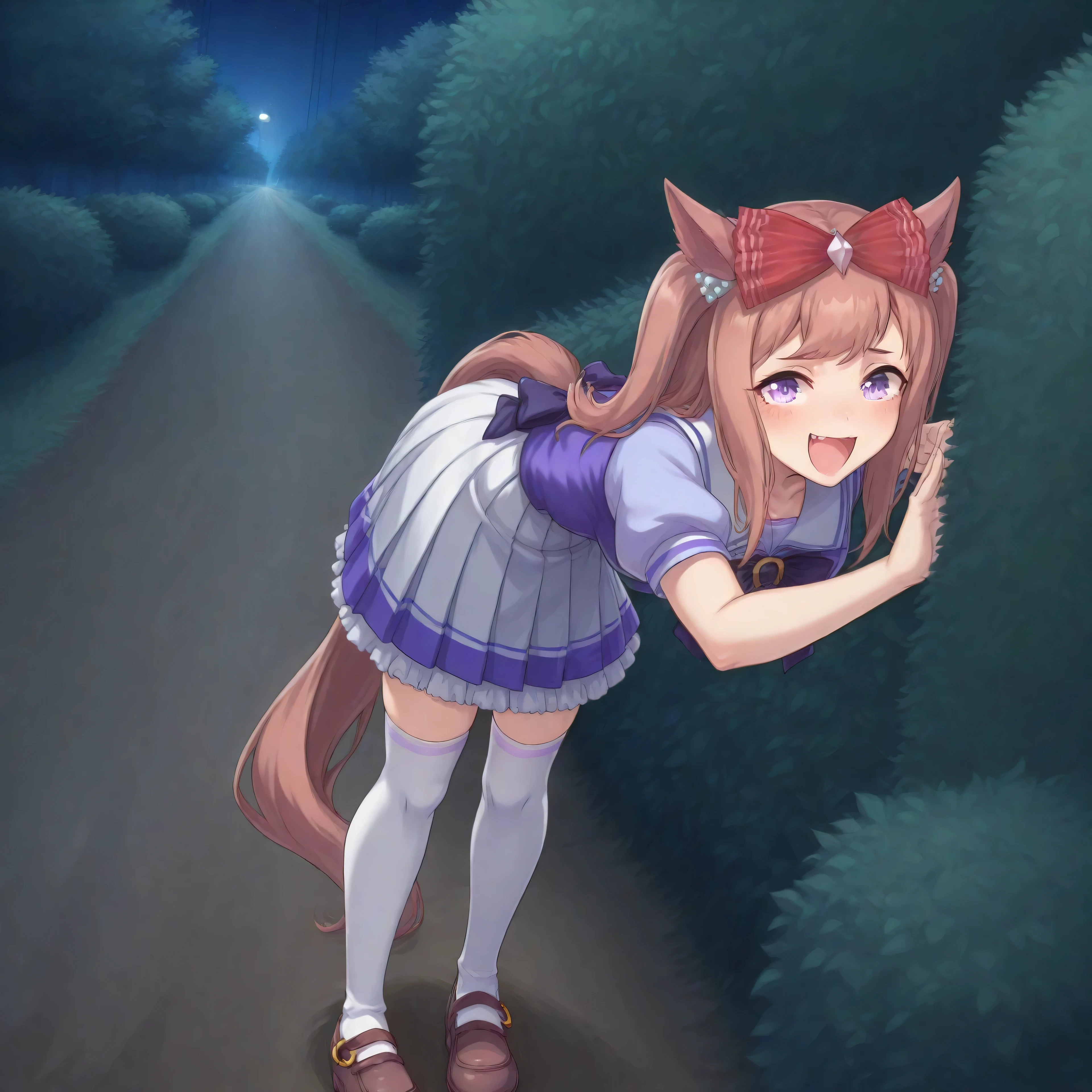 anime, lazypos, masterpiece, best quality, amazing quality, by dirt path, next to dormitories, night, night time, 1girl, solo, alone, agnes digital, horse girl, horse ears, horse tail, hair bow, red bow, TracenShort, tracen school uniform, purple sailor shirt, white pleated skirt, white thighhighs, brown loafers, purple bow, puffy short sleeves, hunched over, hiding behind bush, spying on viewer, excited, comical expression, kaogei,