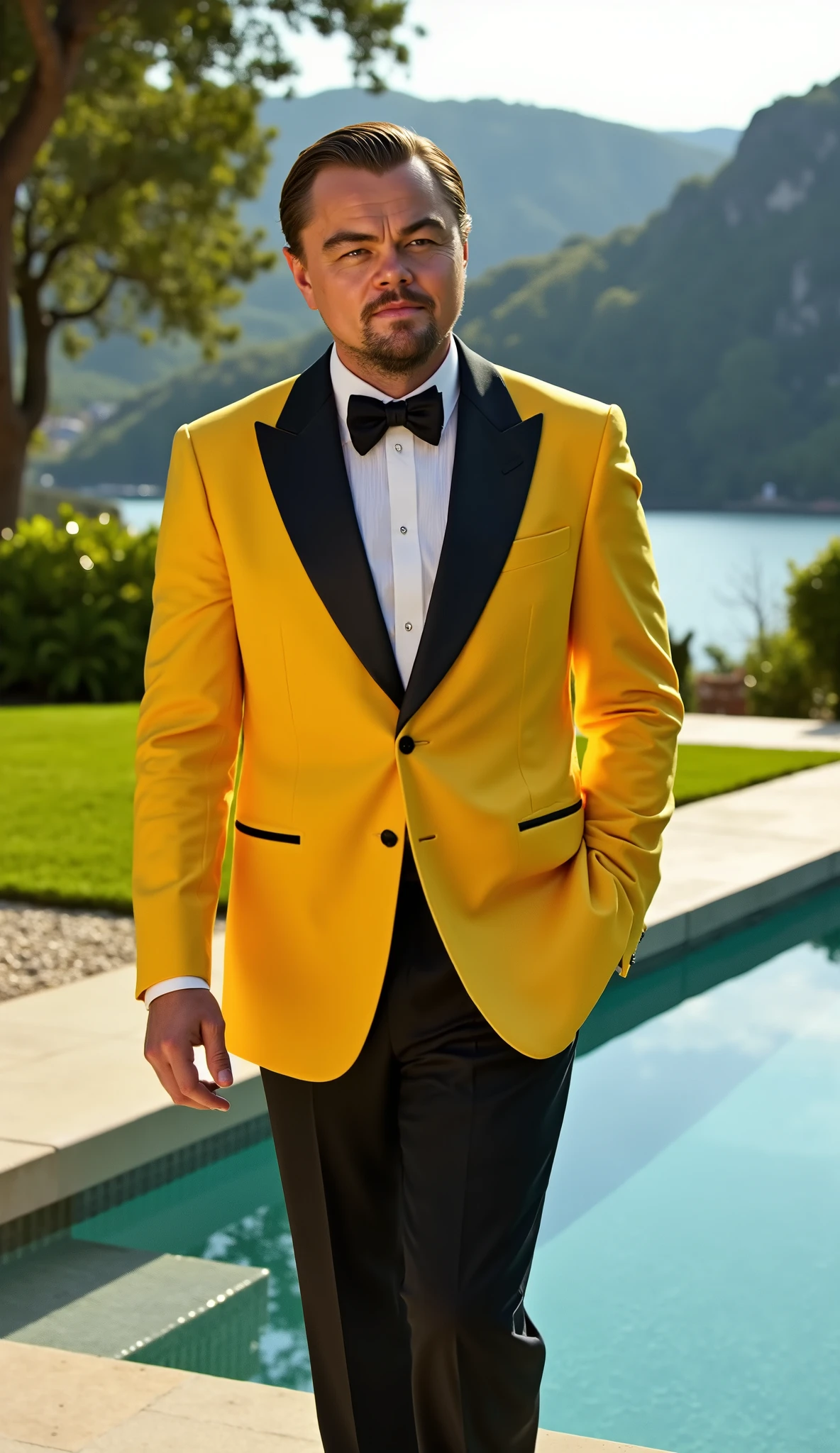Leonardo DiCaprio in a yellow and black suit with a pool and a lawn and a lake and a high-quality person