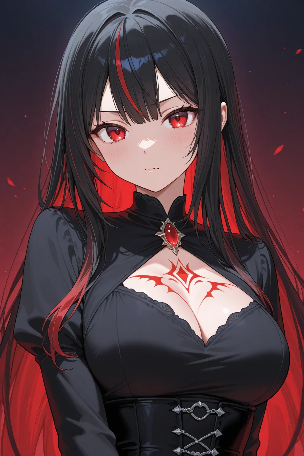 playful anime girl with red and white hair and dark grey and red strands in her hair striking a playful pose with an evil grin on her face, blood blossoms as accessories in her hair, evil grin on her face, shiny dark red eyes, dark grey tendrils with bloodred blossoms in the background, evil look, best anime characterdesin, high resolution, 8K fantasy artwork