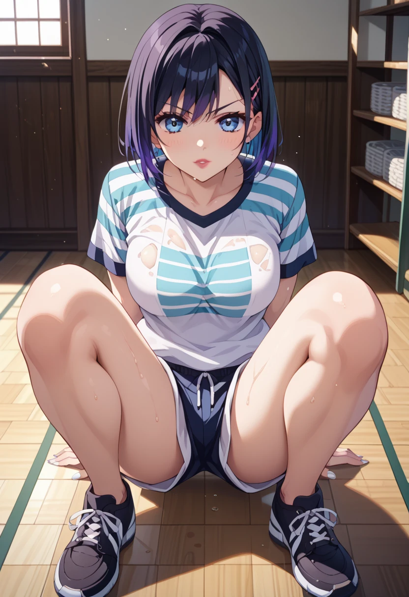 Haruna Sairenji、To Love-Ru、Blue Hair、Bobcut、Hairpins x 2、Show your forehead、high school girl、White gym clothes、Bloomers、Soaking wet、Wet gym clothes、Sheer gym clothes、You can see through the bra、See-through underwear、first round、Embarrassing、blush、Watery eye、Moist eyes、(((SFW、sound、Highest quality、first-clasasterpiece、Normal body、8k、Detailed face、Ultra-precision、Normal hand、Normal finger、5Finger、Highest)))、Full body view、School、Backyard of the gym、Thundercloud、heavy rain、Downpour、soaked、Outdoor、On all fours、Dog collar、リード付きfirst round、犬のfirst roundを付けられた、first roundに鎖、Being pulled by the lead、first roundの鎖を引っ張られている、first roundのリードを牽かれてOn all foursで歩いている、On all foursで散歩、The lead chain is taut、Threatened、Being at the mercy of、Scared