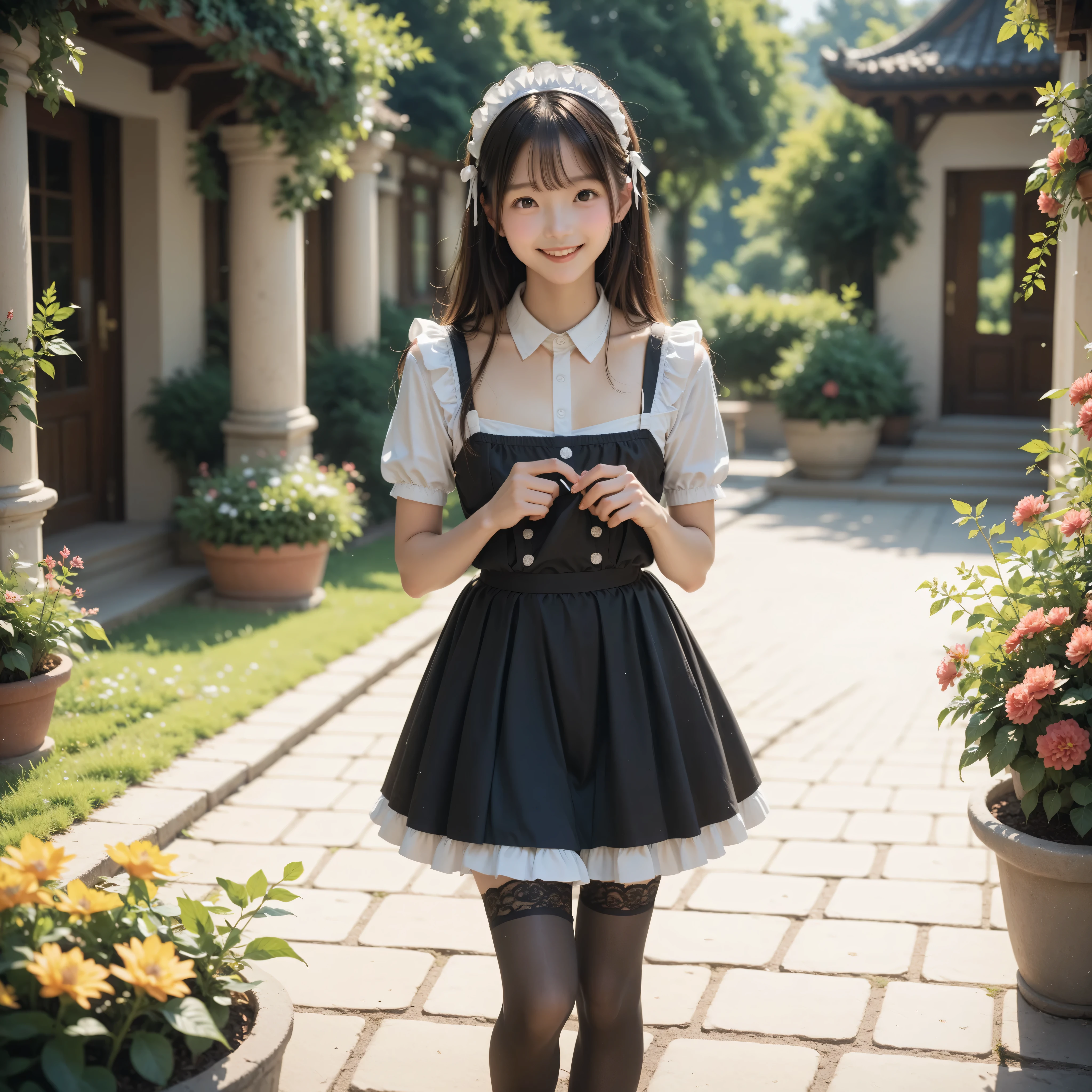 Highest quality、masterpiece、8k、Very detailed、Realistic、(One girl)、(Early teens)、(Young face)、(Primary school students)、(Looking at me with a smile:1.5)、whole body、(Black Hair)、Small face、(Slender:1.2)、(Big Breasts:1.2)、(White frilly shirt with buttons and collar:1.2)、(Black short ruffled skirt:1.2)