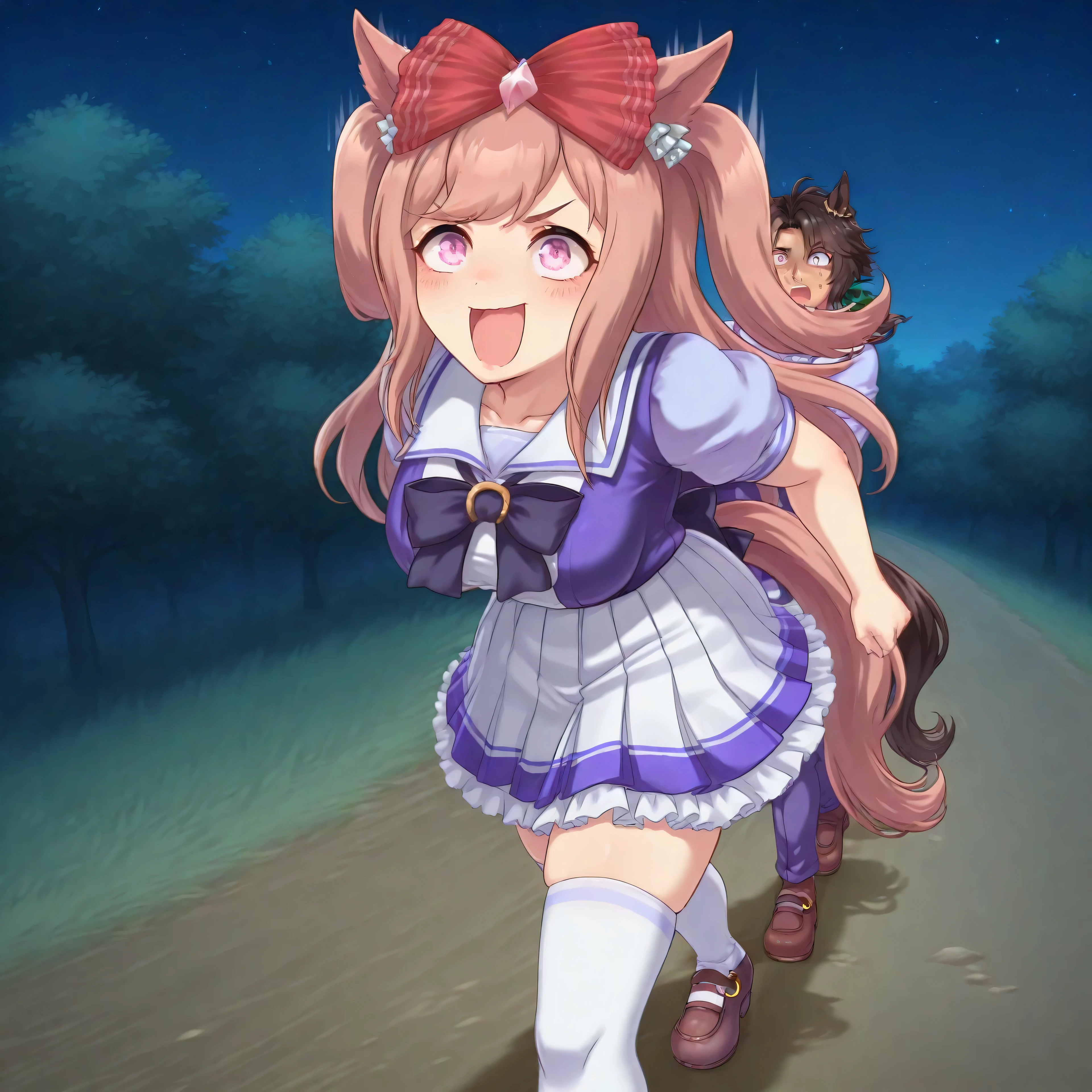 anime, lazypos, masterpiece, best quality, amazing quality, outside, night, night time, 1girl, couple, agnes digital, horse girl, hair bow, red bow, TracenShort, tracen school uniform, purple sailor shirt, white pleated skirt, white thighhighs, brown loafers, purple bow, puffy short sleeves, excited, comical expression, hugging Ashley, behind Ashley, kaogei, BREAK, 1girl, Ashley, horse girl, tall girl, toned body, pink eyes, black hair, Ponytail, straight hair, medium breasts, walking on dirt pathway, TracenShort, tracen school uniform, purple sailor shirt, white pleated skirt, white thighhighs, brown loafers, purple bow, puffy short sleeves, raised eyebrow, surprised, shocked,