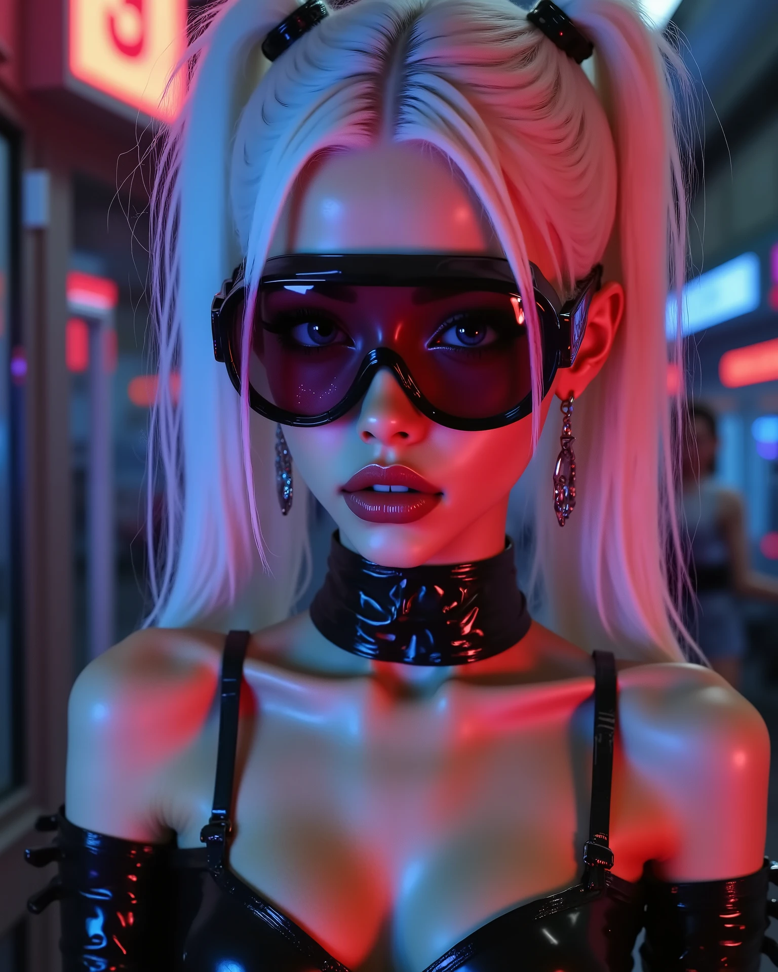 close-up portrait of a mysterious cyberpunk woman with pale porcelain skin and long silver-white hair, wearing dark high-tech visor glasses with cracked neon red display, glowing violet cybernetic eyes with smudged dark red eye makeup, deep matte black lipstick, gothic cyberpunk outfit with spiked high collar and dark metallic textures, dim red and purple neon lighting, background of a dystopian futuristic city with decayed buildings and glitch effects, dark synthwave mood, highly detailed, 3D render, anime-inspired, cinematic shadows, moody atmosphere, light fog, subtle digital distortion