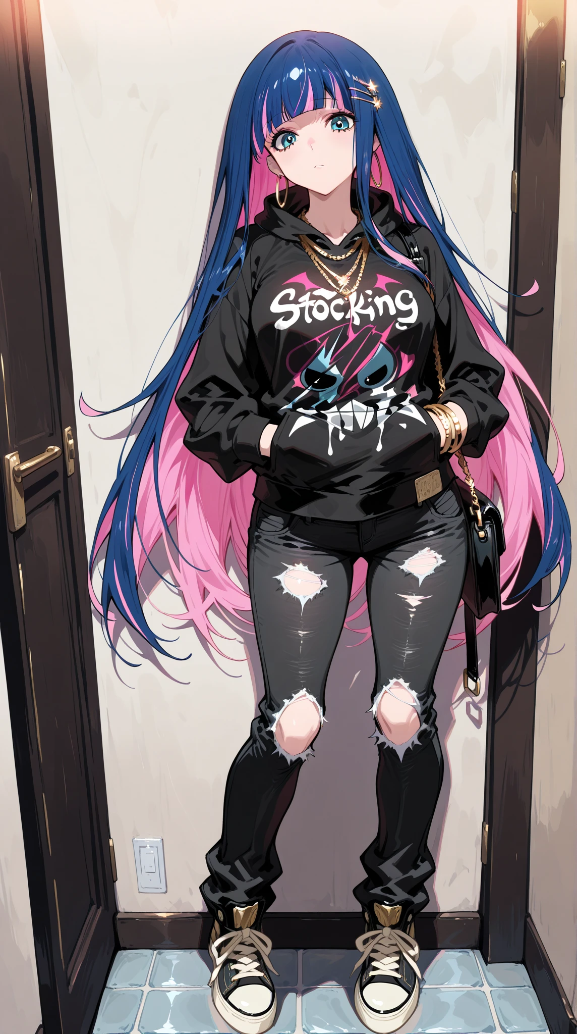 22 anos, pele branca, quase fala, cabelo branco, rosa nas pontas, cabelo extremamente longo, apertado, black pantyhose, black sneakers, cabelo branco, cabelo entre os olhos, cabelo branco, boca fechada, short, formal messy hair big pink hair extremely long hair blue eyes crossed legs black flower barrettes all over the hair