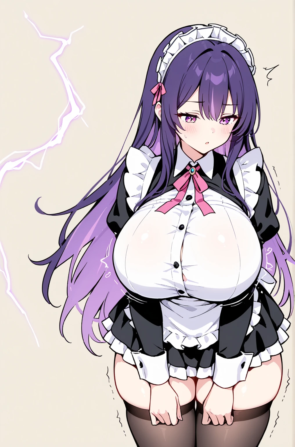 (One girl)、(medium length hair)、(sidelock)、(purple hair)、(slan eyes)、（boyish）、(Big super breasts)、((Chubby))、Maid、No sleeve、mini skirt、White sleeveless、thigh-high socks thighhighs、(long gloves)、hairs between eyes、(coarse hair)、[flipped hair]、red eye、expressionless、one eye closed、arm behind back、two side up、White Background、