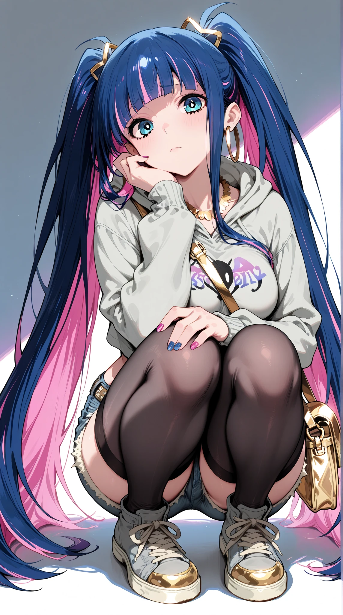 masterpiece, best quality, girl,blue eyes,pink hair,black pantyhose,yellow shirt,blue and yellow hair ornament,shiny skin,gradient long hair, gradient eyes,white background,full body,cat ears,no shoes,sit,
,black legwear
