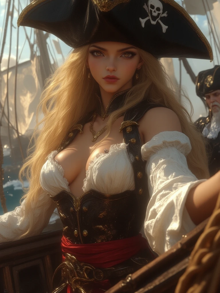 masuter piece, best qualtiy, (((realisitic, Photorealsitic:1.37))), ((Solo)), 8K image quality, Extremely delicate and beautiful, splendid, Official art with attention to detail, Ridiculous, Unbelievably ridiculous, huge filesize, ultra-detailliert, ighly detailed, (Pretty girl), (detailed girl), extremely detailed eye and face, Beautiful detailed eyes, Light makeup,, (Perfect female figure), large full breasts, Slim waist, big butts, (Nordic blonde beauty), ((fullllbody)), With bangs, (On the pirate ship), (((Female Pirate))), Red Pirate Suit, ((sodden)), ((full of sweat)),