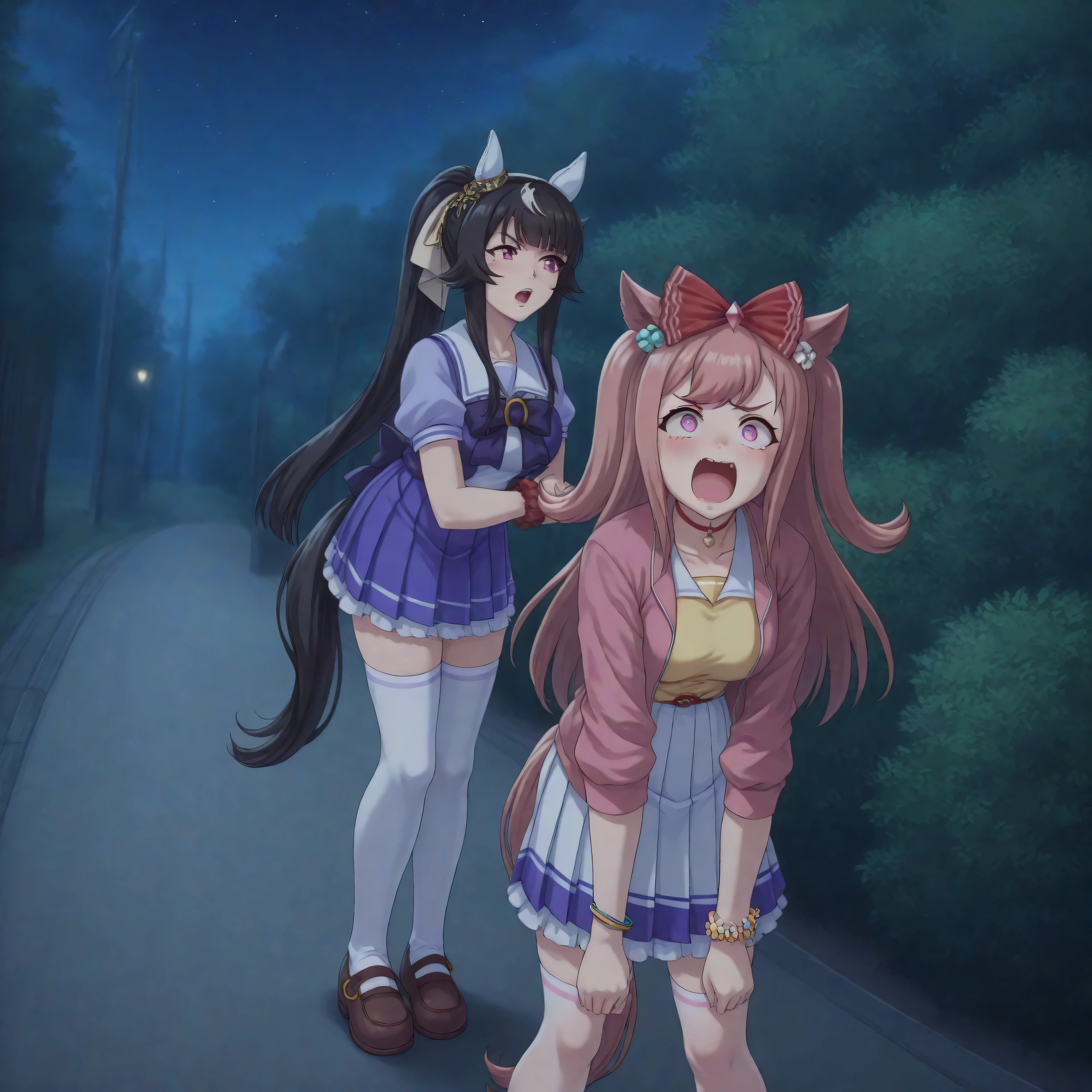 anime, lazypos, masterpiece, best quality, amazing quality, outside, night, night time, 2girls, couple, agnes digital, hair bow, red bow, choker, pink jacket, open jacket, yellow shirt, wrist scrunchie, belt, blue skirt, pleated skirt, white thighhighs, hunched over, amazed, excited, comical expressions, hiding behind bush, spying on Ashley, kaogei, BREAK, Ashley, horse girl, tall girl, toned body, pink eyes, black hair, Ponytail, straight hair, confused, medium breasts, TracenShort, tracen school uniform, purple sailor shirt, white pleated skirt, white thighhighs, brown loafers, purple bow, puffy short sleeves, looking at bush, raised eyebrow,