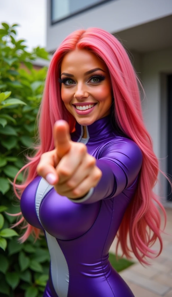 starfire, green eyes, long red hair, orange skin, purple crop top, sleeveless, bare shoulders, looking at viewer, smiling, close up, outside, cityscape, blue sky, high quality, masterpiece <lora:Starfire_v3:.9>