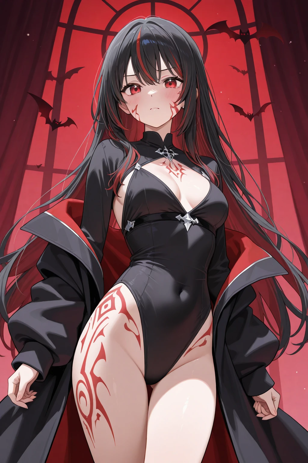 A cute ghostly girl, black hair, red eyes, black and red tattered clothing, black and red gloves, black stockings, cold stare, ripped clothing, medieval, graveyard background