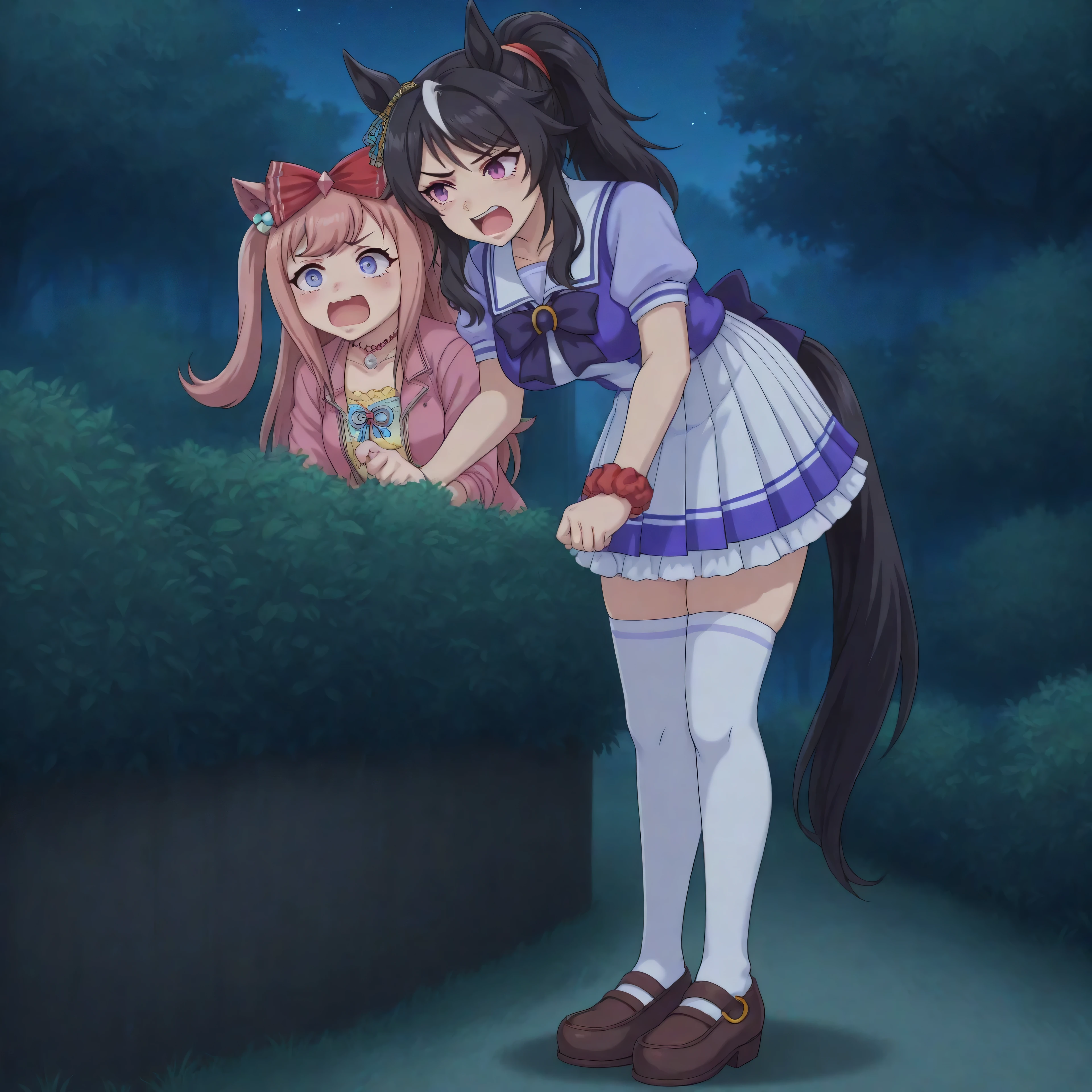 anime, lazypos, masterpiece, best quality, amazing quality, outside, night, night time, 2girls, couple, agnes digital, hair bow, red bow, choker, pink jacket, open jacket, yellow shirt, wrist scrunchie, belt, blue skirt, pleated skirt, white thighhighs, hunched over, amazed, excited, comical expressions, hiding behind bush, spying on Ashley, kaogei, BREAK, Ashley, horse girl, tall girl, toned body, pink eyes, black hair, Ponytail, straight hair, confused, medium breasts, TracenShort, tracen school uniform, purple sailor shirt, white pleated skirt, white thighhighs, brown loafers, purple bow, puffy short sleeves, looking at bush, raised eyebrow,