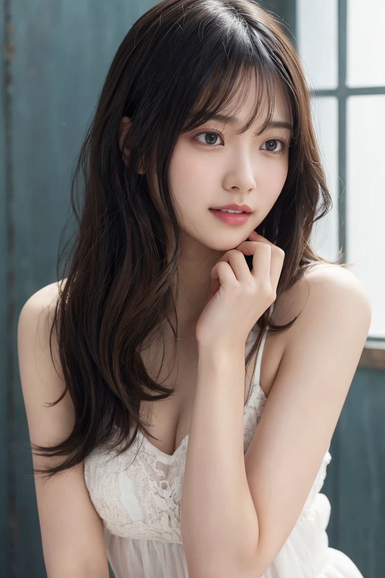 (nude)Wavy long hair, Brown Hair, One girl, Emerald Eyes, Shake with two fingers, Pink Lips, Pastel Green Dress,