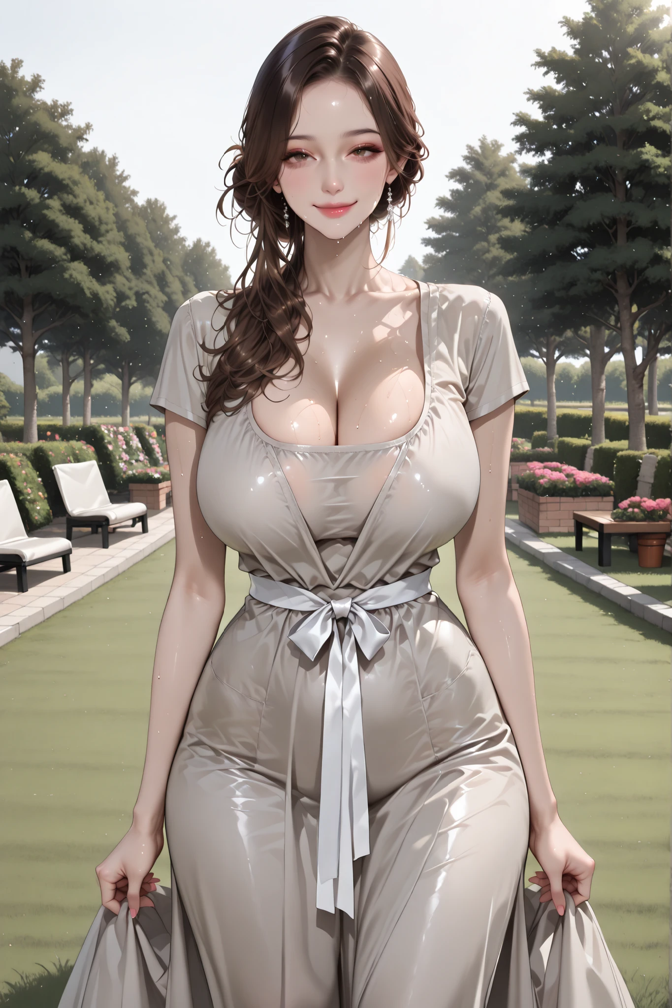 (highres,ultra-detailed,realistic:1.2),beautiful,bright-eyed,18-year-old girl in a garden,((gigantic huge bosom)), curvy, plump, beige Burberry Trenchcoat,lovely smile,flowing brown hair,soft lighting,green grass,dainty flowers,playful pose,vivid colors,portrait,modern artistic style