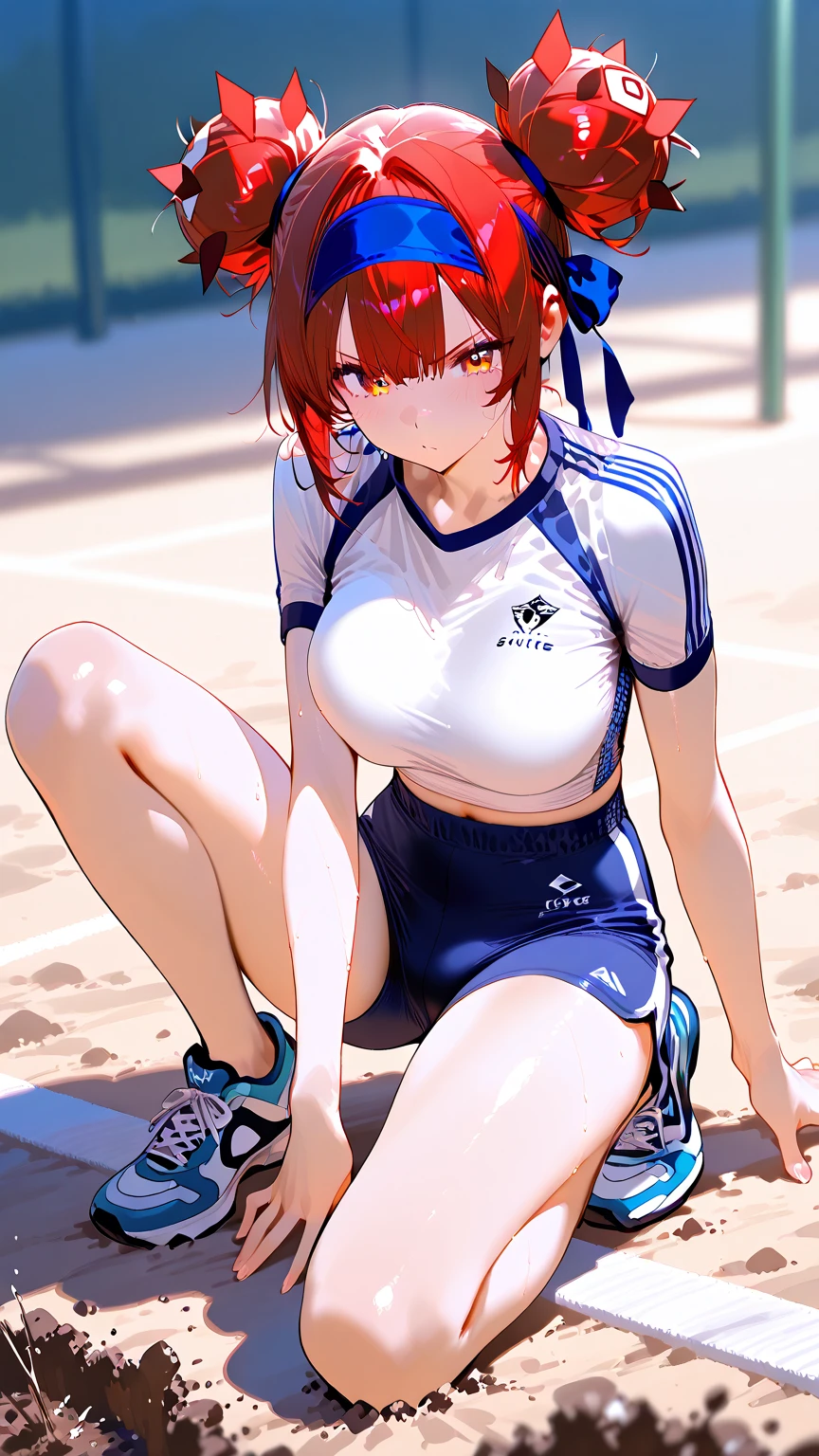 (masterpiece, best quality, ultra-detailed, high resolution, detailed eyes), takeda hiromitsu style, (1woman), (30 years old), (training wear), athlete body, tall, (dark skin:1.6), short red hair, ponytail, standing, looking at viewer, pov, cowboy shot, in the park