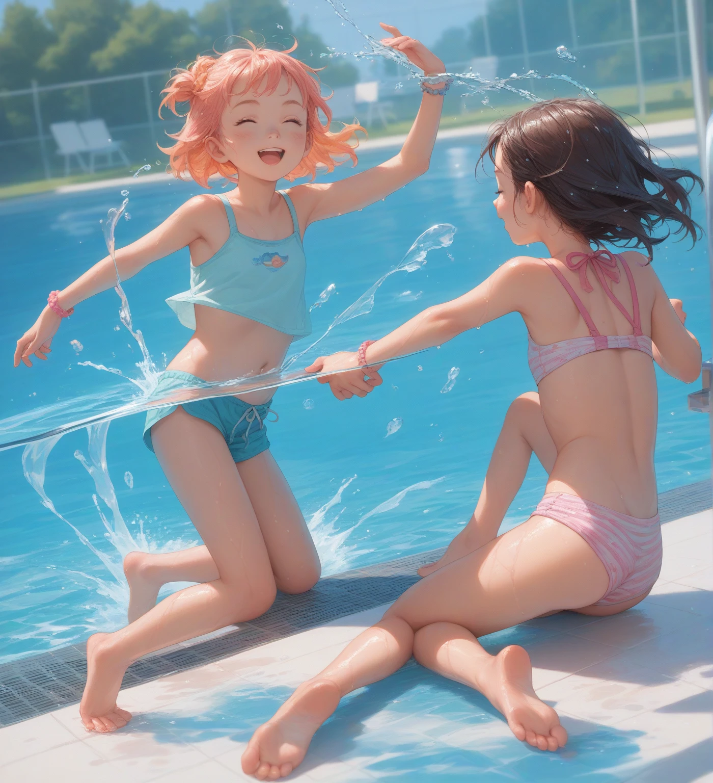(best quality,realistic:1.37),2girls splashing water in a small stream,water splashes,hot summer day,glistening bodies soaked in sweat and water,lush greenery,melting ice cream cones,endless laughter and joy,blissful expressions,sun-kissed skin,refreshing coolness,colorful swimsuits,sparkling water droplets,dancing sunlight,playful ripples,aquatic playground,dreamy summer vibes,enchanting natural beauty,warm breeze,delightful water fights,childhood memories,serene nature sounds,endless fun and adventure