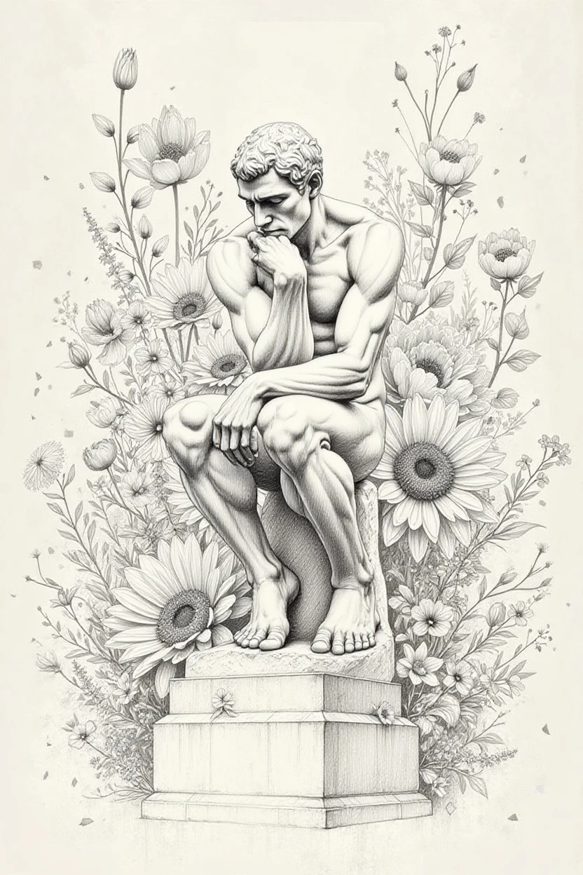 Create a tattoo design of a statue if Apollo and a blue hyacinth flower.