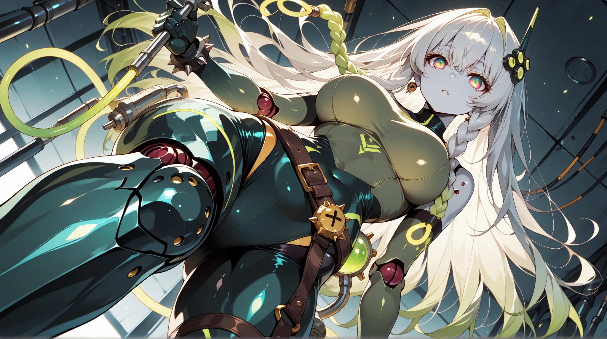 ultra-detailed, Explicit, Beautiful body, Beautiful Nose, Beautiful character design, perfect eyes, perfect face, ultra highres, 4K, beautiful legs, perfect legs, Nice hands, Perfect hand, Masterpiece, Best Quality, Highly detailed, illustration, absurdres, street fighter, doll suit, shadaloo doll, dollsuit, 1girl, solo, expressionless, blank eyes, looking at viewer, red gloves, emotionless, black latex, corrution, mind control, female combatant, full body, hypnotized, unhappy trance, full body suit, ribbed bodysuit, both arms at side, obey, perfect female body, extremely glossy latex, hypnosis, hypnoLora, empty eyes, Mind control device, poses, submissive_pose, Slave, hat, necktie, stand up straight, standing, standing at attention, hat, necktie, belt, latex, ribbed bodysuit, thighhighs, garter belt, Fighting Stance, extending the right arm from the shoulder into the air with a straightened hand, nazi saluting, military, military saluting, salute, thigh boots, Perfect anatomy, perfect hand, perfect finger, Yu-Gi-Oh!, Ikelos the Dream Mirror, green hair, green eyes, twin tails, braid, twin braids