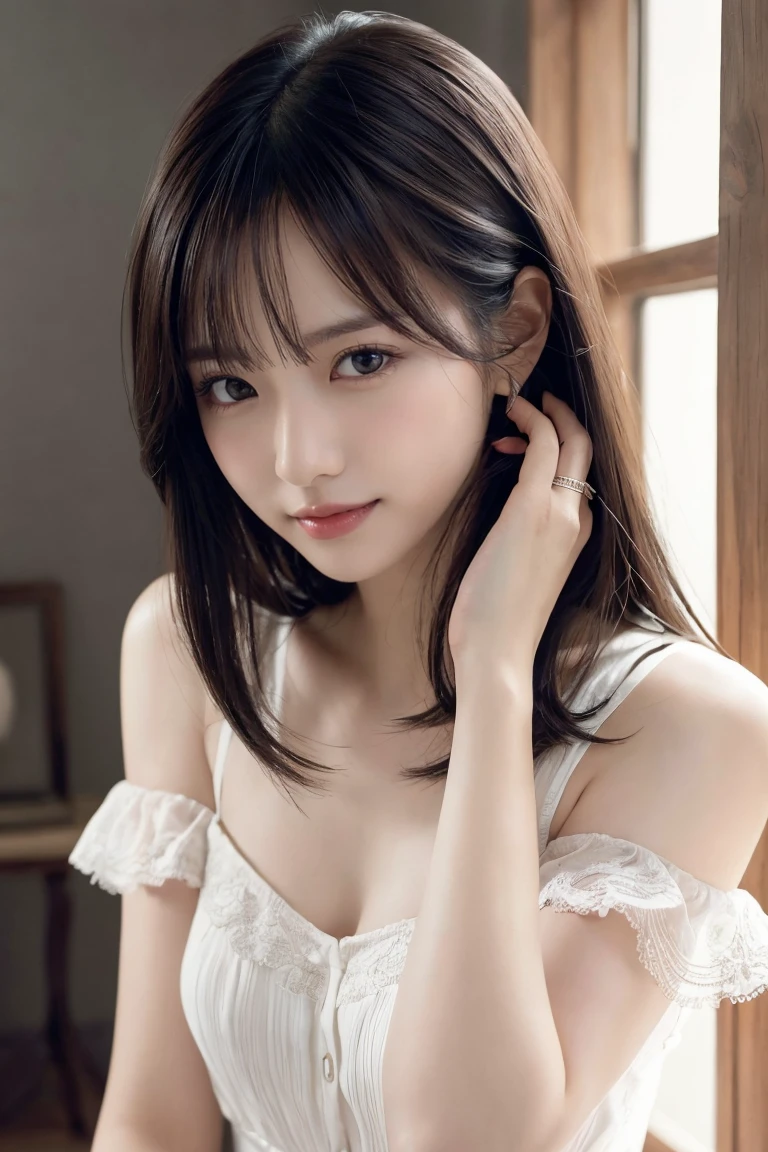 masterpiece、highest quality、High resolution、table top、wallpaper、realistic、bright lighting、professional lighting、face light、smooth lighting、japanese woman、adult、Beautiful woman、action、gravure、sexy、poor、super beautiful、beautiful skin、beautiful and detailed eyes、detailed face、slim、moderately、short hair、brunette colored hair、brown eyes、look at the camera、I have a sax、big breasts、cleavage、A beautiful woman stick out butt, RelaxedSoft lighting,living scean, Highly detailed skin texture,white thong,(back view:1.3)