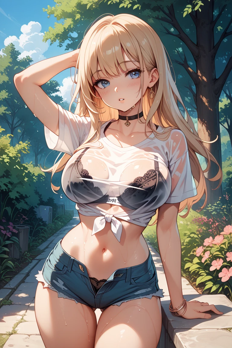 (highest quality, High resolution, perfect pixel, Depth of bounds written, 4K), (high angle:1.5), (upper body:1.2), detailed eyes, (1 girl), perfect body, medium breasts, blond hair, (side ponytail), (white t-shirt lift:1.5), (show off bra:1.2), (v-neck), (black suspender skirt), necklace, (kneehighs), bellybutton, (standing), (hand on chin:1.2), (arm up), blush, embarrassed, wet,