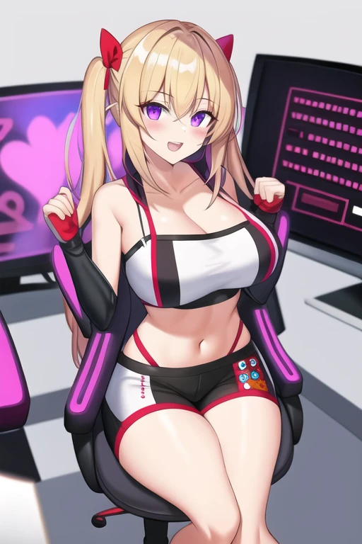 gamer girl, blonde hair, arm with tattoo, beautiful smile, looking at the camera, gamer accessories, transparent lingerie, taking off her panties, in a room with gamer computers, neon, cyberpunk
