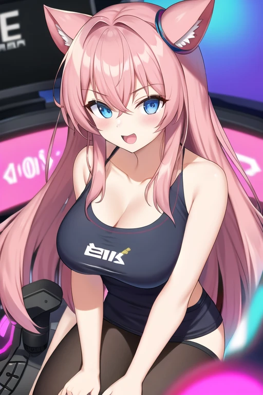 source_anime, source_explicit, BREAK 1girl, super sonico, (large breasts:1.2),(bouncing breasts:1.2), motion lines, casino, smile, bent over, thighs focus, headphones, long hair, red eyes, playboy bunny, fishnet pantyhose, wedgie,  open mouth, looking at viewer, BREAK, 1990s (style), anime coloring, anime screencap, megami magazine, very aesthetic, absurdres, amazing quality