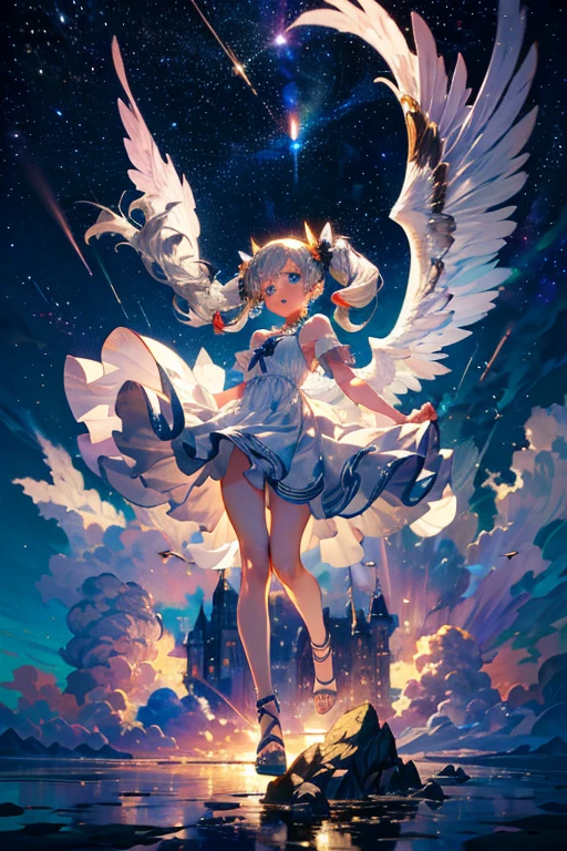 Highest quality,Highest Resolution,Beautiful girl with angry face in maid leotard,Frills,High leg,(((Floating in the air))),Halo,(((universe space))),Milky Way,meteor,Very beautiful eyes,(((White angel wings on the back))),whole body,long hair,(((Shoot a bow))),Knee-high stockings,Floating in the air,