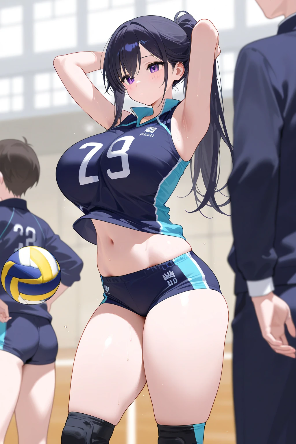 nsfw:1.2,expensivequality illustration, masterpiece, Very delicate and beautiful, Attractive girl,(Gymnastics leotard,Tight leotard,length_Leotard with sleeves,expensive_Leg leotard,athletic leotard),Purple ears,Short here, Audience reaction,thin,Huge Breasts:1.2,expensive school,Gym,Gymnastics Club,((Nipple protrusions:1.4、Long nipples))、The crotch area is damp:1.5、cameltoe、standing split、((Overflowing Sex Fluids:1.5))