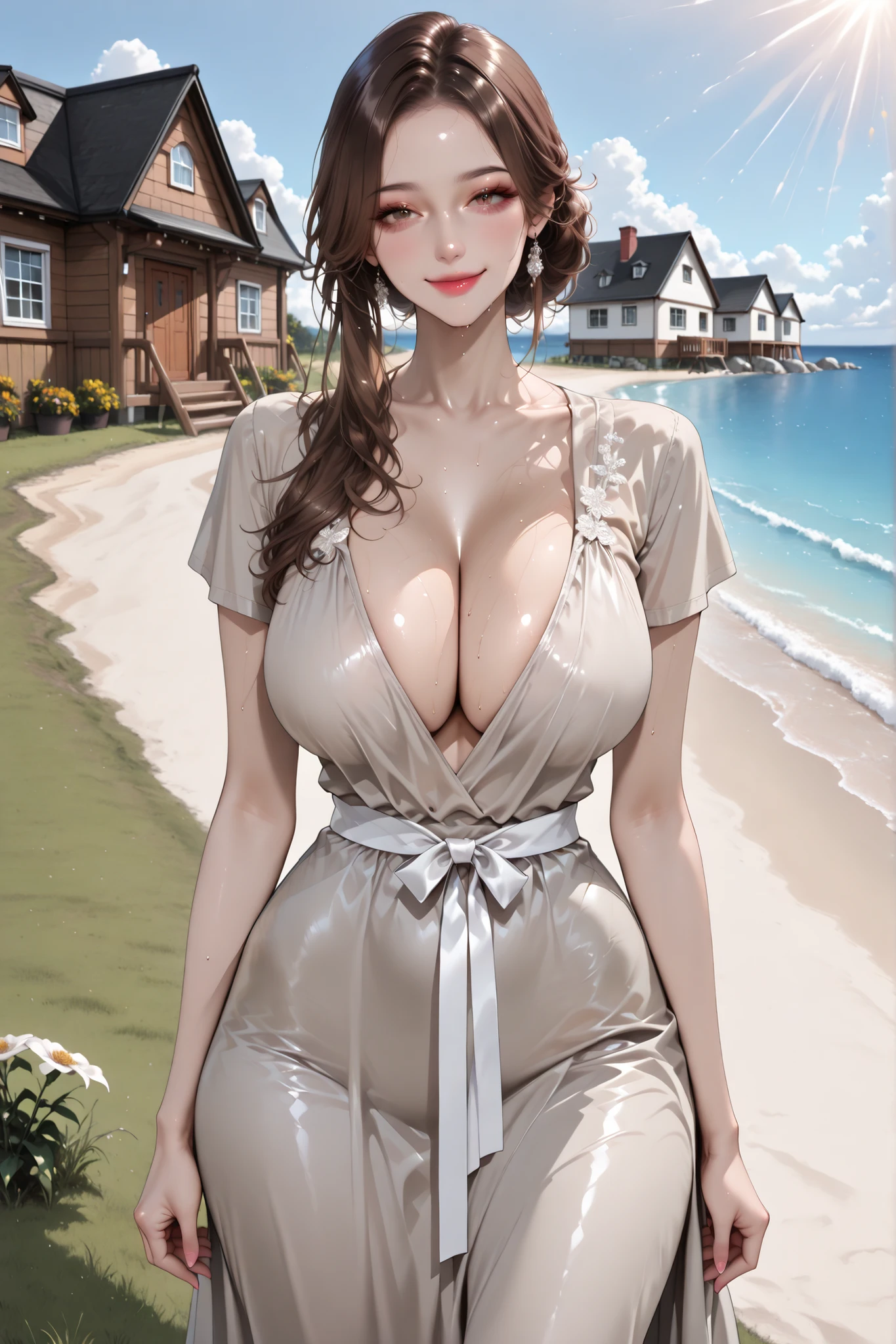 Gorgeous and sultry busty athletic (thin) brunette with sharp facial features and a (large nose) and (huge boobs) wearing a pale yellow off-shoulder ruffled sundress, hairband, long dress, skindentation, cleavage, park, lake, picnic