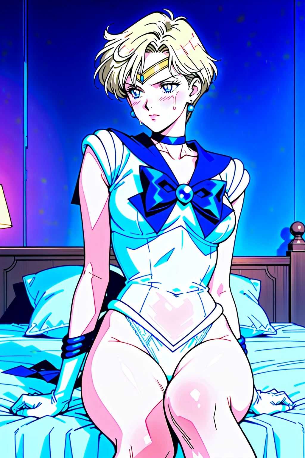 (High quality, 32k anime ultra HD, 1980s /(style/), retro art style, highly detailed, perfect anatomy, NSFW-14, uncensored), ((sailor moon, Tsukino Usagi, full nude)), 1 girl, solo, (blonde hair, short hair, twin tails, center parted bangs, hair blowing in the wind), (beautiful eye details), blue eyes, slightly open mouth, anxious face, cowboy shot, (large breasts:1.5, realistic nipples, realistic areola, firm breasts, firm breasts), slim waist:1.0, wide hips:1.2, big ass: 1.2,(pussy, realistic, super detailed),(sitting crouching, legs spread, on bed),looking at viewer,(bedroom background, big bed, dimly lit room, lamp light),(front view, from below),core_9_up,score_8_up,score_7_up,score_6_up,