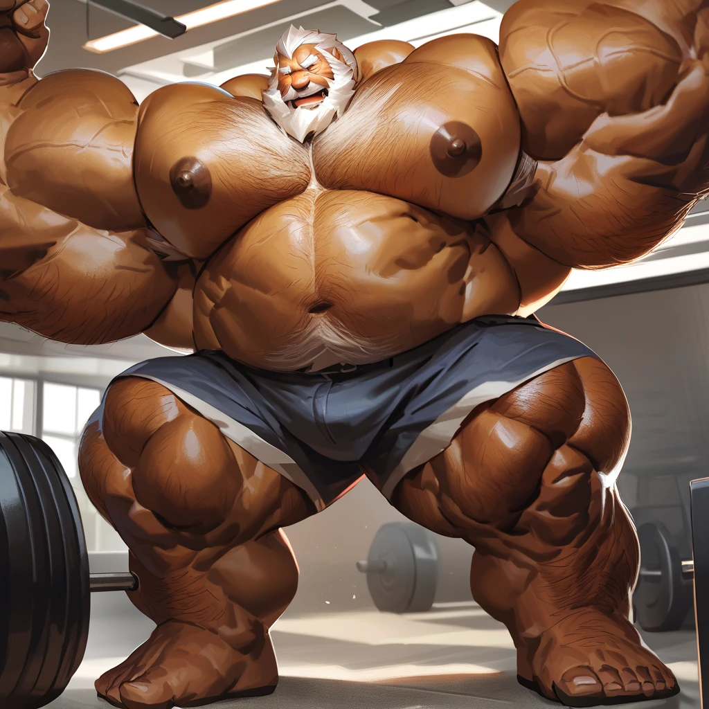 ground level camera shot, (best quality,4k,8k,highres,masterpiece:1.2),ultra-detailed,(realistic,photorealistic,photo-realistic:1.37),((massive muscular)) ((huge Muscular)) chubby old man standing in photo studio, simple background, , shorts and shoes, white hair, super thick arms, super big pectoral, super wide pectoral, topless, shirtless, low angel , bottom view, (ground view)