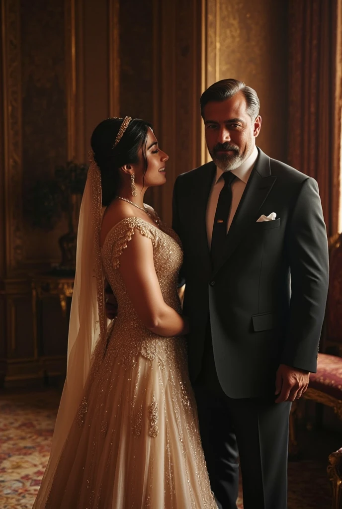 there is a man and woman sitting on a red chair in a large room, beautiful couple, royal background, professional family painting, wedding painting, potrait, luxurious wedding, portrait shot, royal elegant pose, portrait!!!, bejewelled and encrusted royalty, painting, royal photography, masterpiece'
