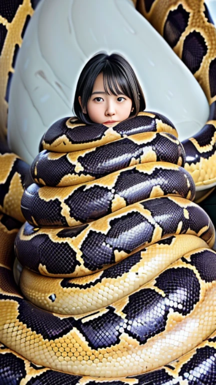 Pregnant Happy , aroused 1girl), beautiful kneeling Filipino  young teen girl with  giant colossal black titanboa squeezing her hard, wrapped in thick spiraling coils, constricted, struggle, gasping for air, snake attack, snake peril, moonless night, dim light