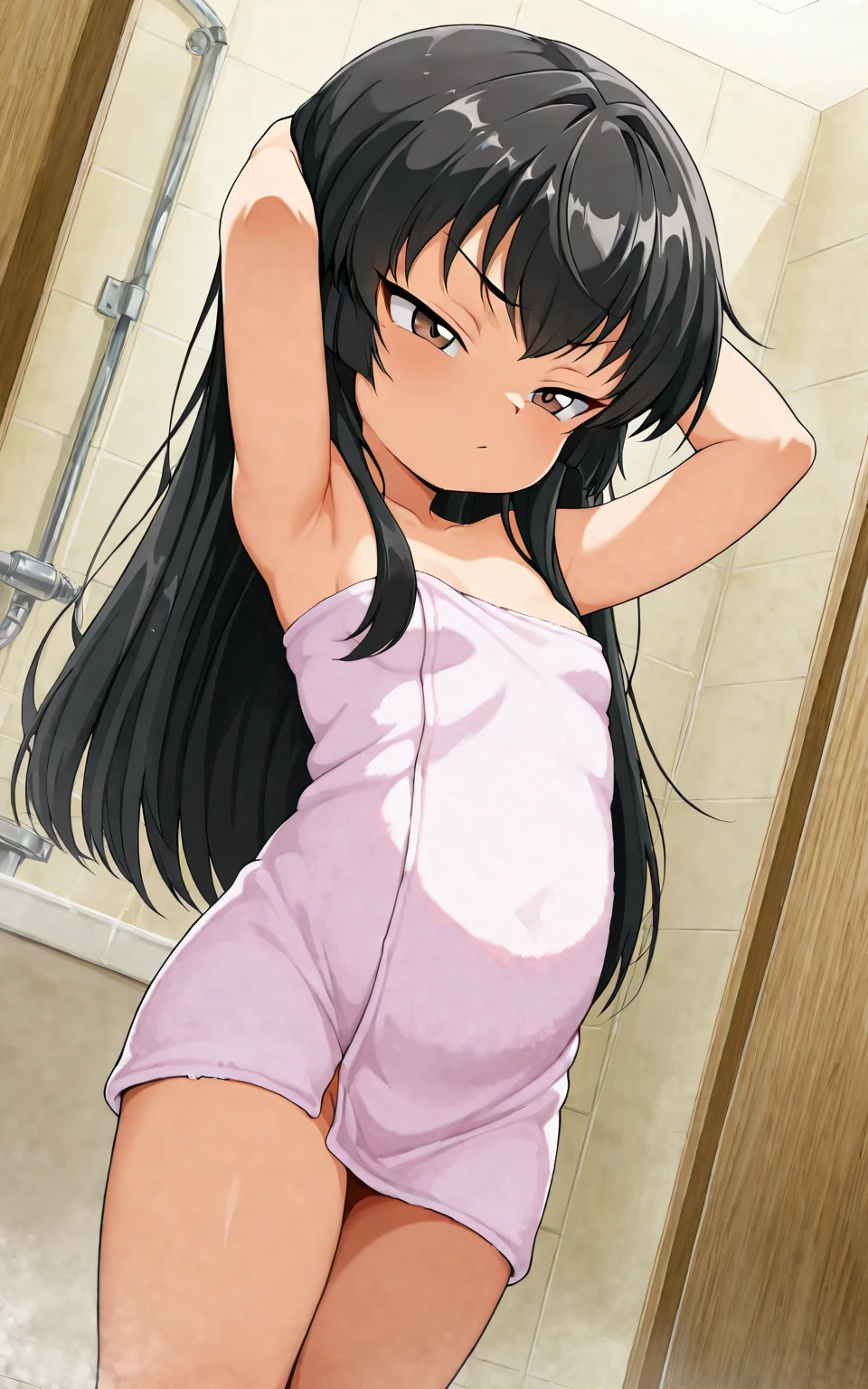 (masterpiece), best quality, expressive eyes, , 1girl, aster nemesis, dark-skinned female, black hair, very long hair, yellow eyes, flat chest , twin tails, looking at viewer, showing breast, nipple, exposing tits , smile, erotic, my room, sexy ,nsfw, lewd,8yo,camisole,leaning forward, horny