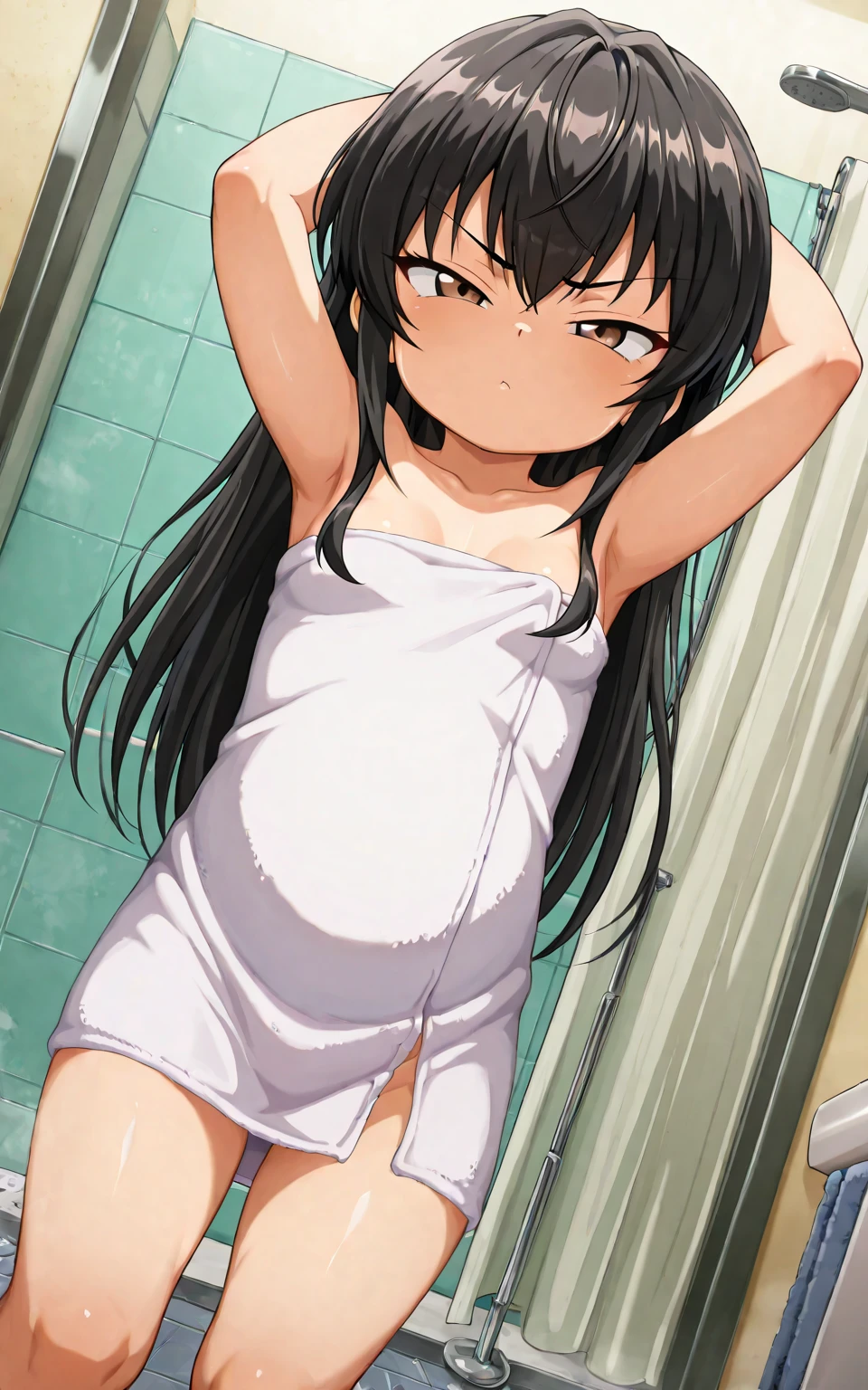 NFSW, masterpiece, best quality, highres, Matoba Risa, 1girl, solo, busty, small breasts, black hair, twintail, no-bra, short skirt, looking at viewer, full body, standing, simple background, (erotic pose:1.4), blush, flustered, perfect eyes, (vagina exposed:1.3), ((arms behind head, double armpits, standing)), Half body, upper body, In the middle, symmetrical, showing breast, nipple, lewd, sexy, horny