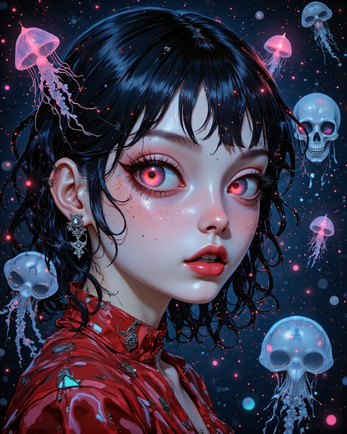 High Resolution, High Quality , Masterpiece .Hyper-realistic ink drawing with surreal colors, elements of absurdity in the style of Ross Tran featuring postal envelopes aflame as a reference to Roby Dwi Antono, letters, broken hearts, skulls, and a treble clef ascending into a starry sky, chiaroscuro lighting enhancing symbols of departed love, a moon adorned with eyes emitting an air of melancholy, atmospheric mood.