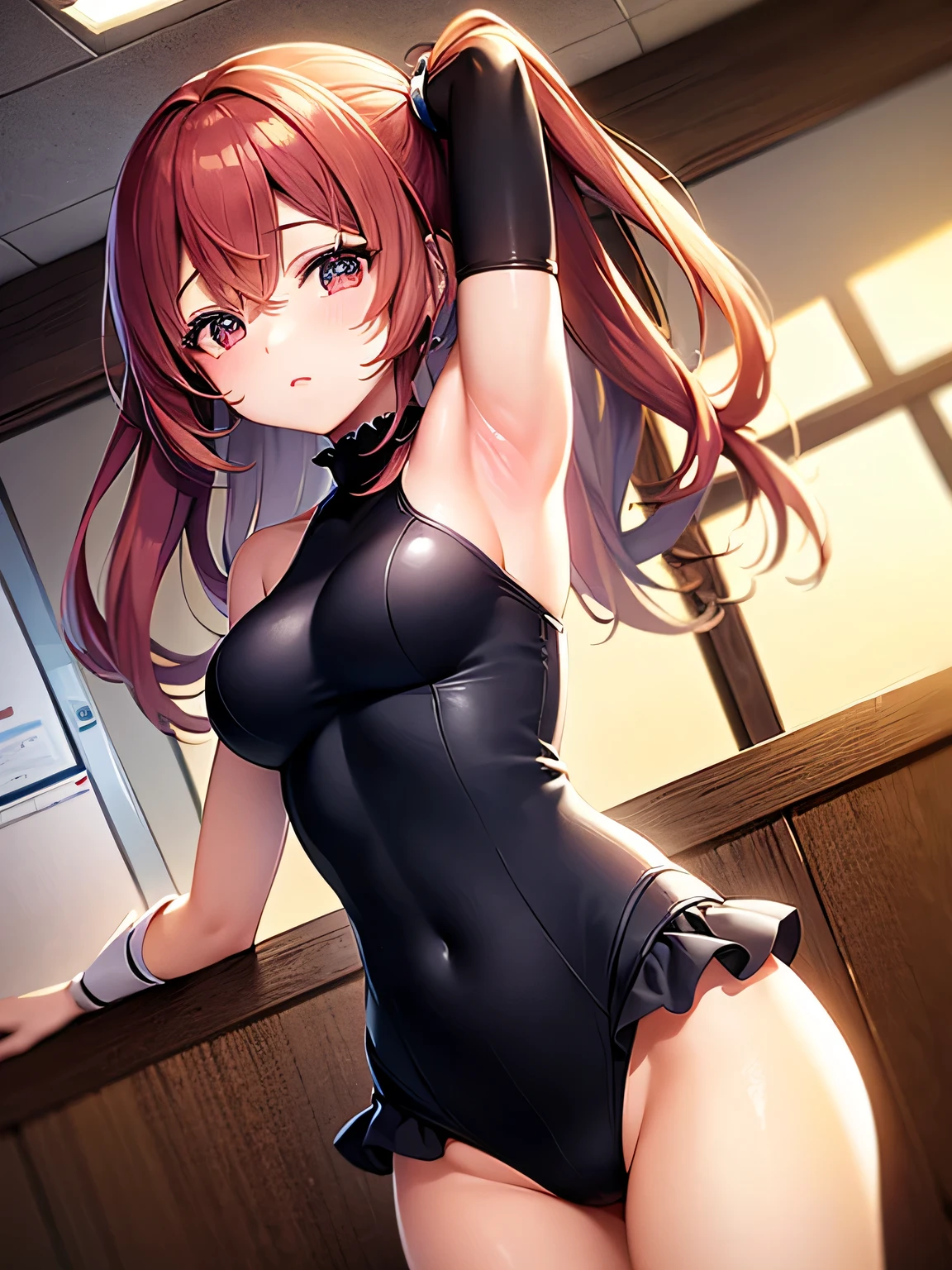 ((masterpiece,best quality, detailed)),White skin,(glossy skin:1.4),souryuu asuka langley,(flat chest),(slim),10 years old,(恥ずかしい),blush、(interface headset,one-piece bodysuit:1.3,red bodysuit,cleavage cutout,zipper, navel,bare stomach), unzipped, full body,(kneeling on desk:1.3),arms behind head,(pussy juice:1.2),(From below,From below)
