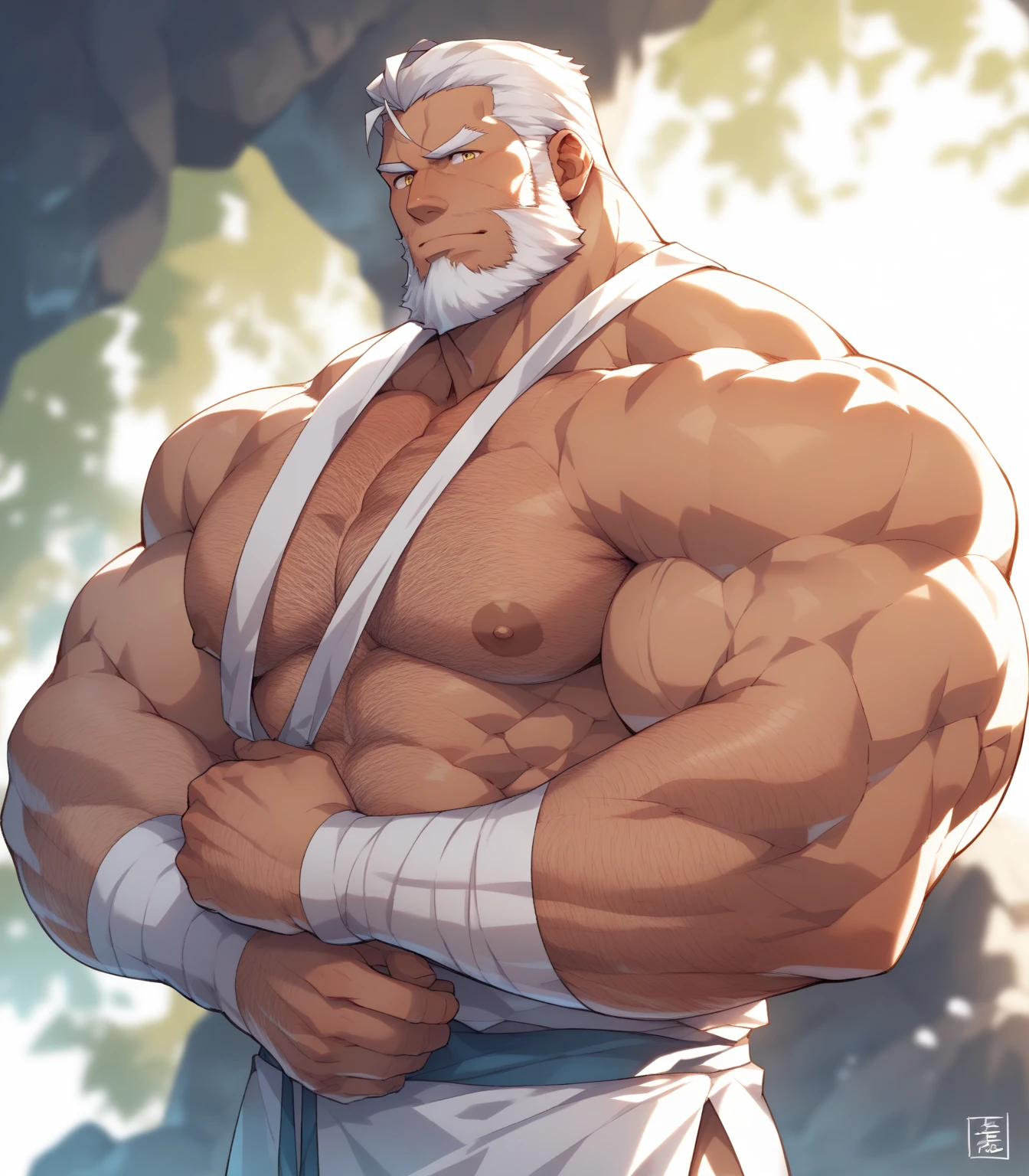 Solo, male focus, 1boy. Huge muscular old man in nigh street city, absurdly muscular, absurdly muscle size, photography, half body, flare lights, bur background, old man, thick arm, huge arm, bearded. White hair and long beard, bearded, muscular, pectoral, wide pectoral, large pectoral, realistic, 8k, masterpiece, (wearing white fundoshi, and shirtless, topless, geta, wooden sandals)