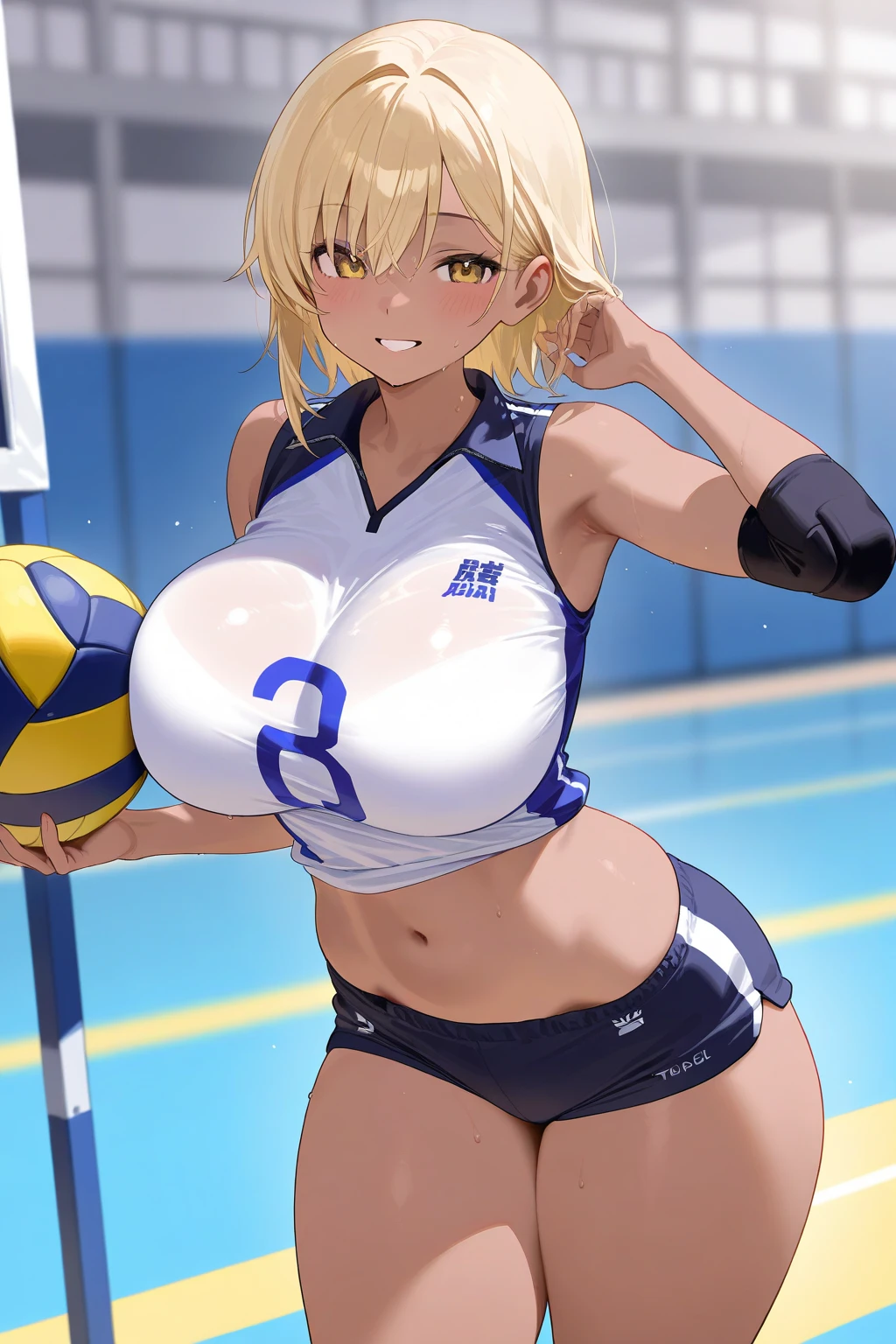 volleyball player,dark skin woman,white hair,cat ears,big breasts,with sweaty body,masturbating