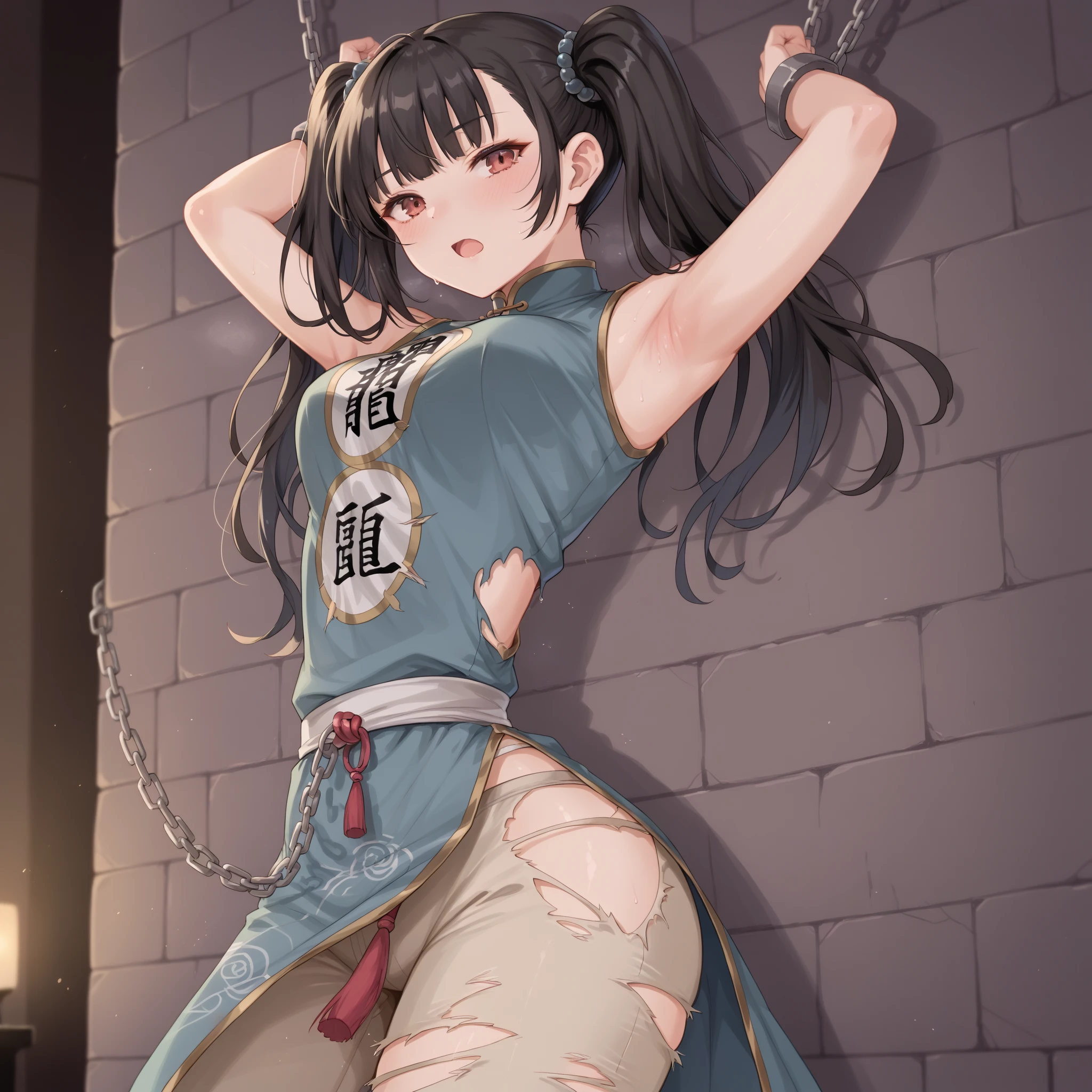 1girl, hoshino ai \(oshi no ko\), oshi no ko,chinese dress,medival prison,(his hands are behind his back, his hands are chained to the wall),cool,loking the viewer, ,masterpiece,very aesthetic,newest,sensitive